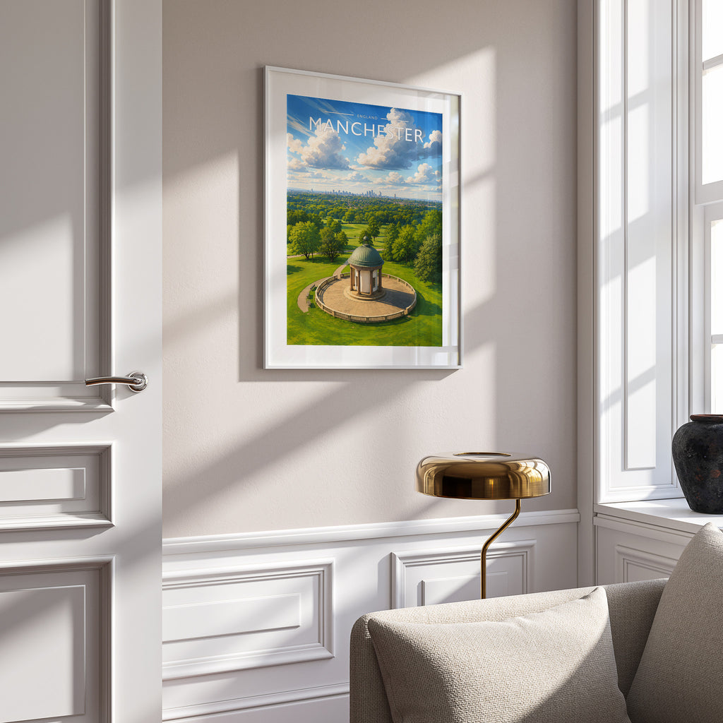 Manchester #2 Travel Poster in a white frame on a panelled wall