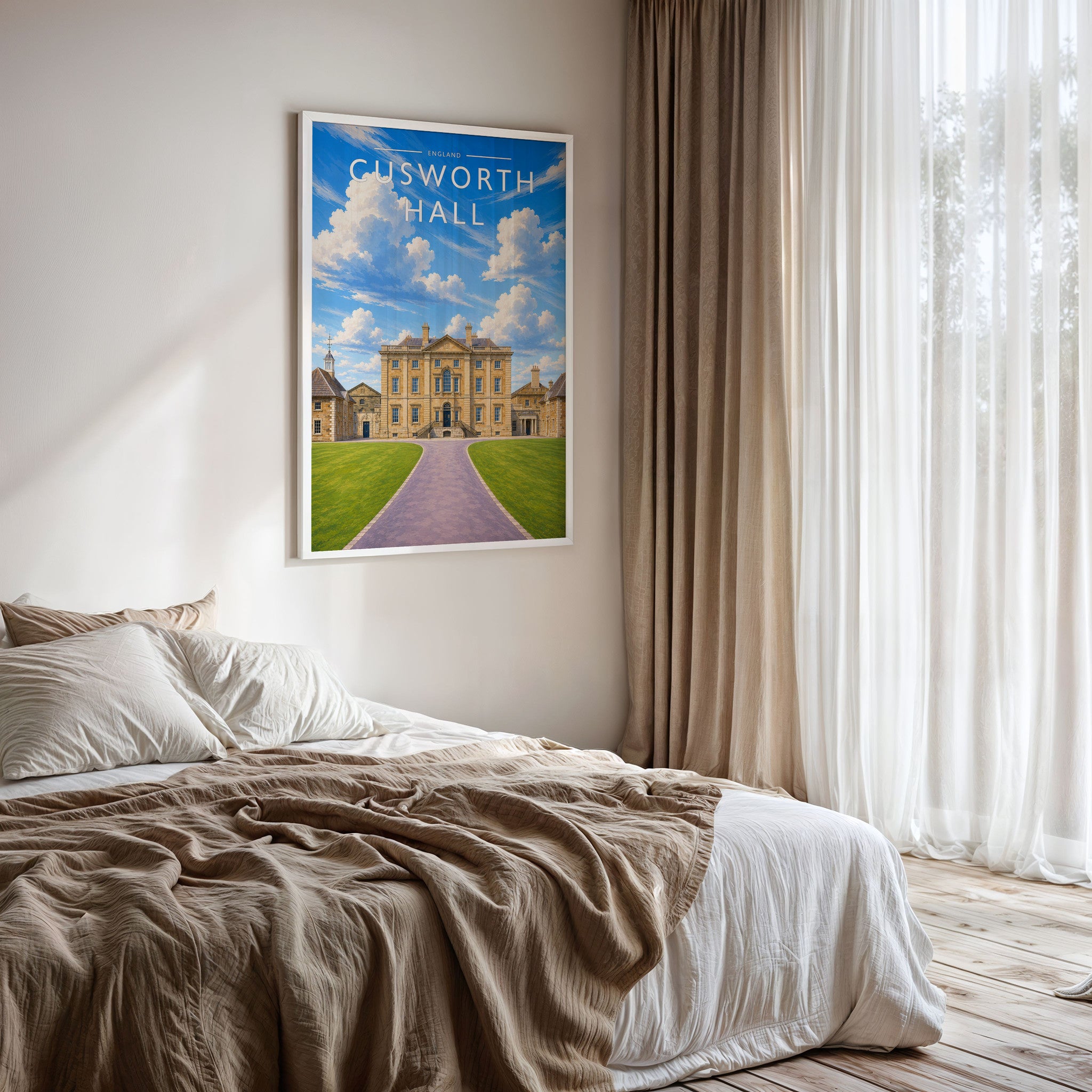 Cusworth Hall Travel Poster framed on a bedroom wall