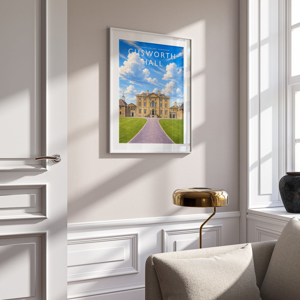 Cusworth Hall Travel Poster in a white frame on a panelled wall