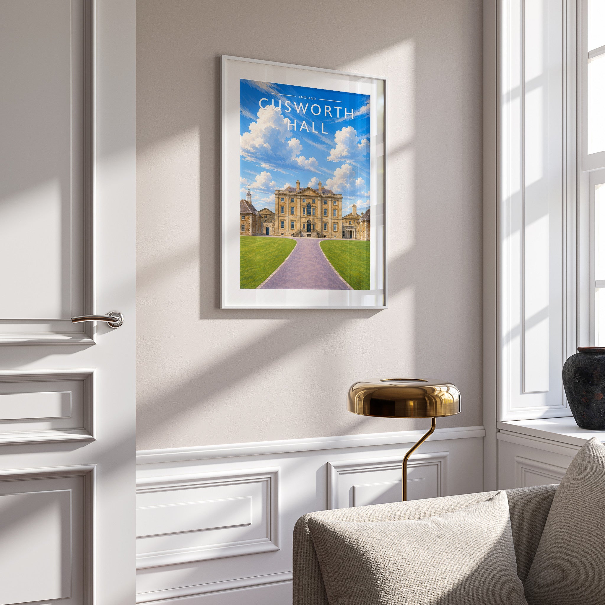 Cusworth Hall Travel Poster in a white frame on a panelled wall