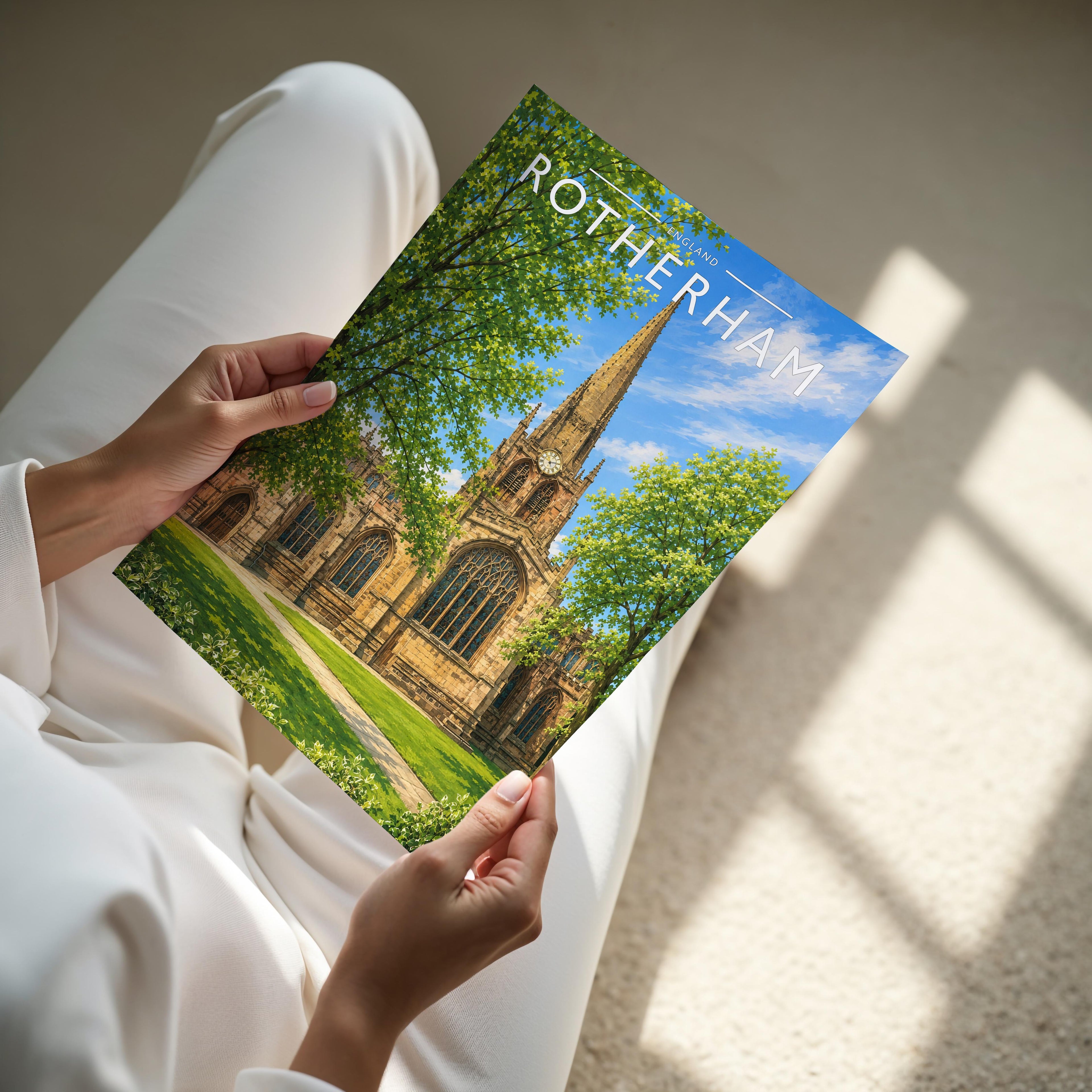 Rotherham Travel Poster - A4 print held in hand