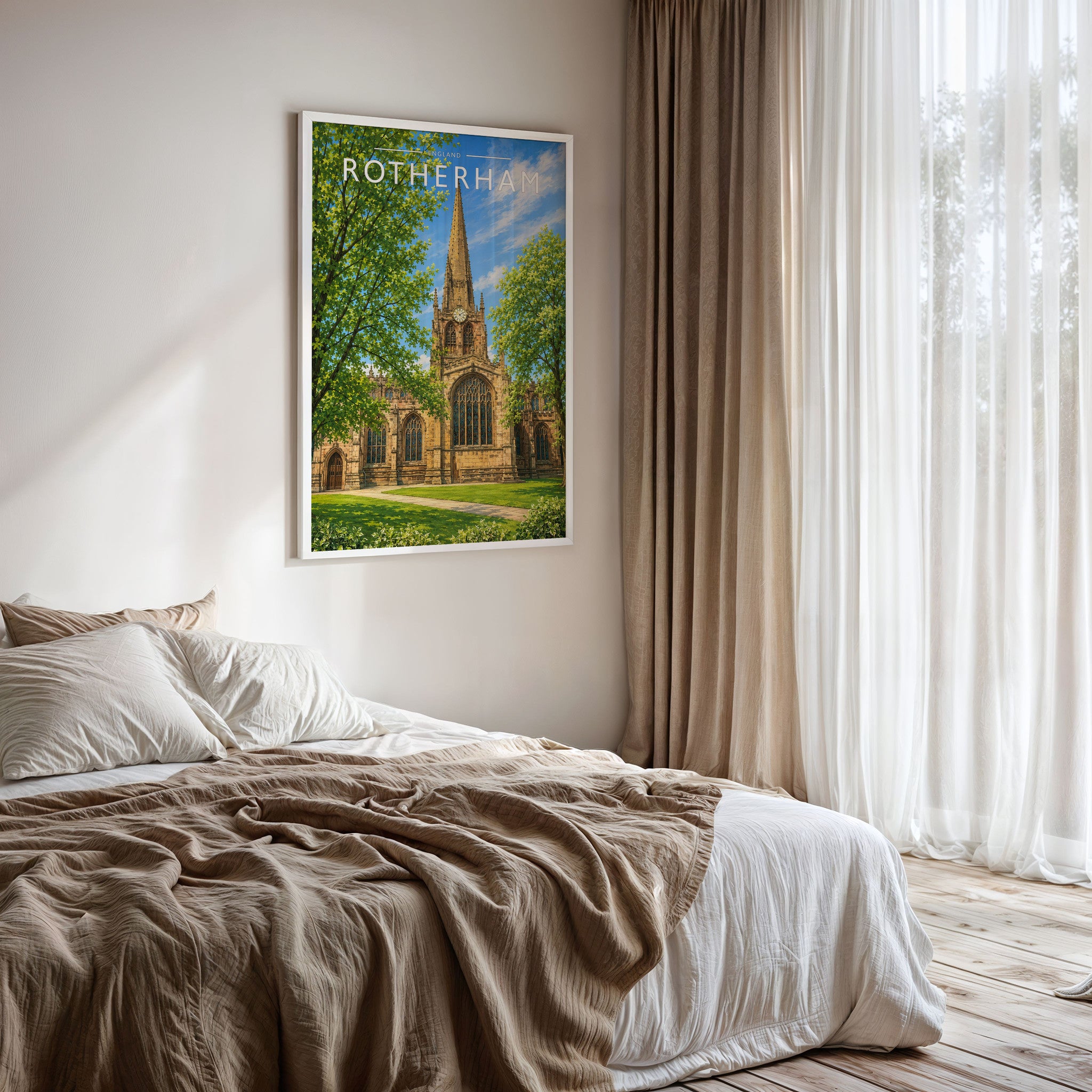 Rotherham Travel Poster framed on a bedroom wall