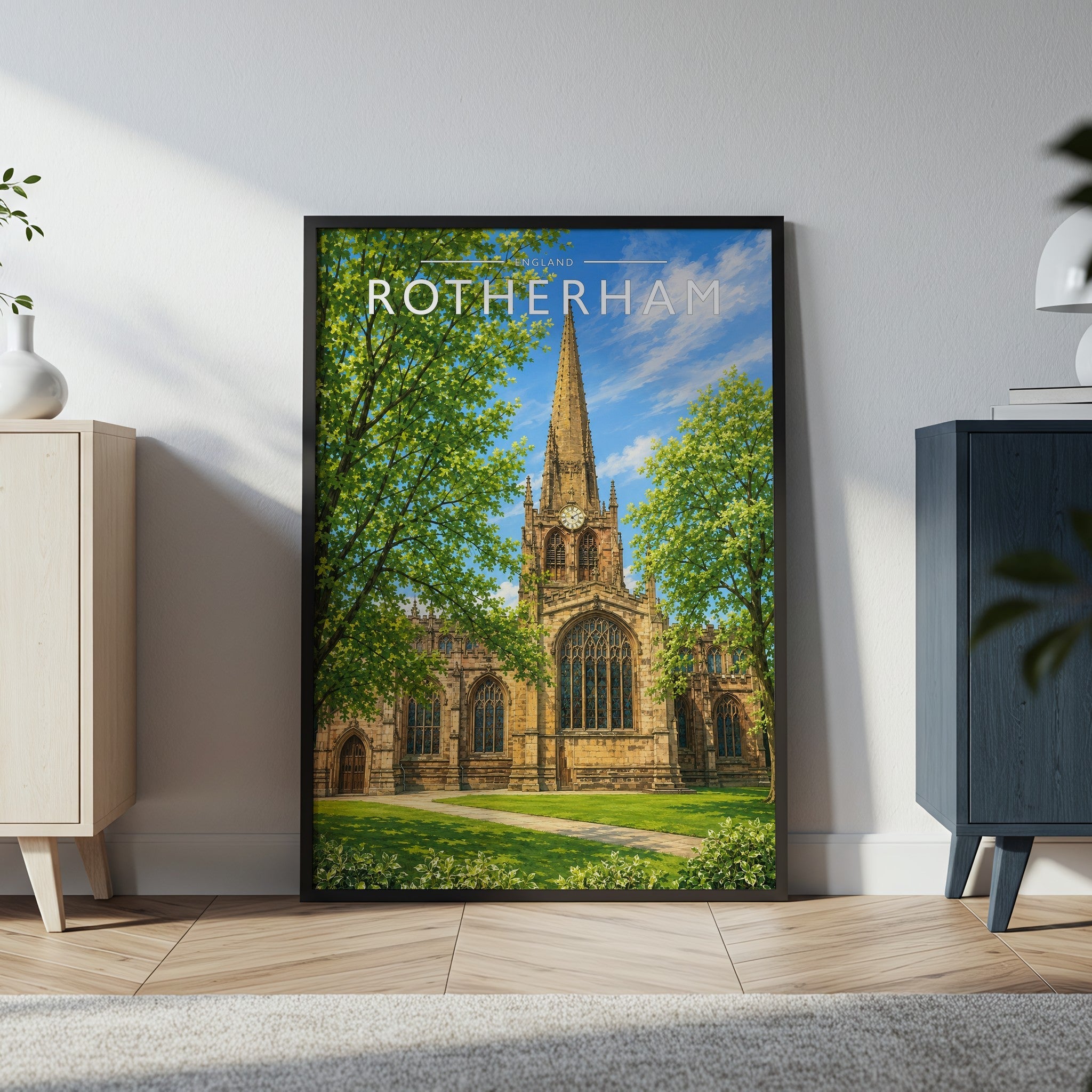 Rotherham Travel Poster in a black frame