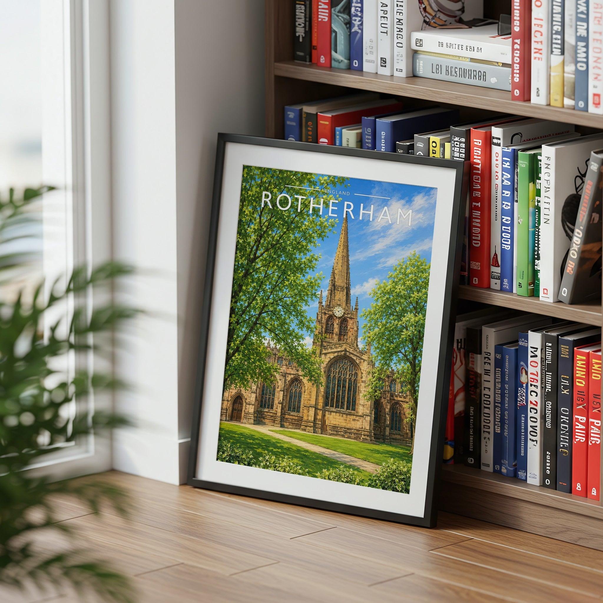 Rotherham Travel Poster mounted in a black frame