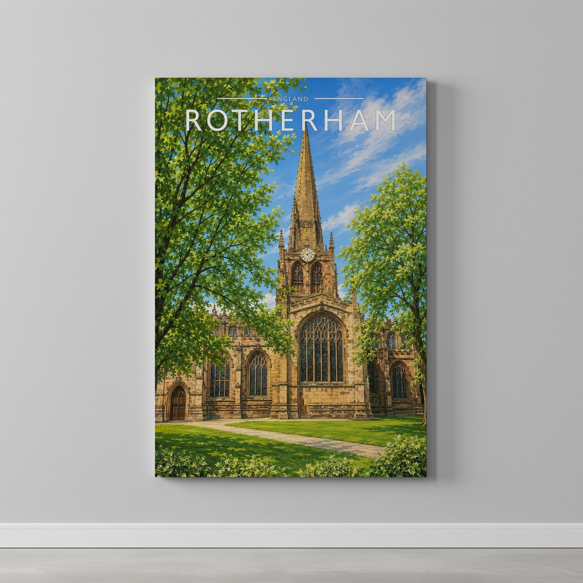 Rotherham Travel Poster as a gallery-wrapped canvas on a plain wall