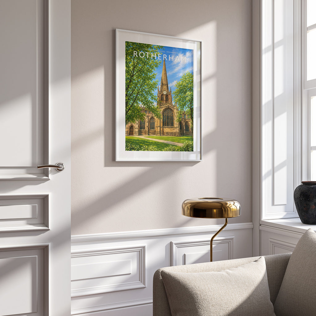 Rotherham Travel Poster in a white frame on a panelled wall