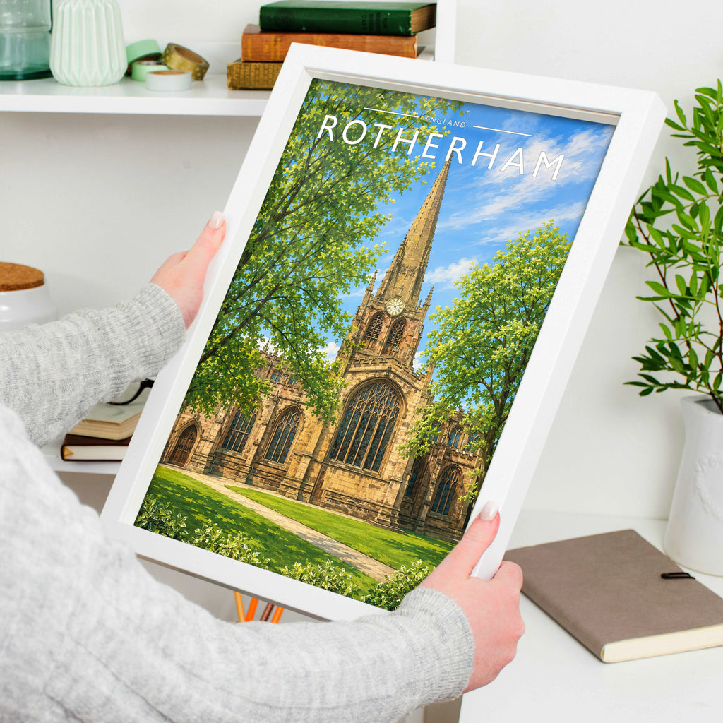 Rotherham Travel Poster in a white frame, held to show scale