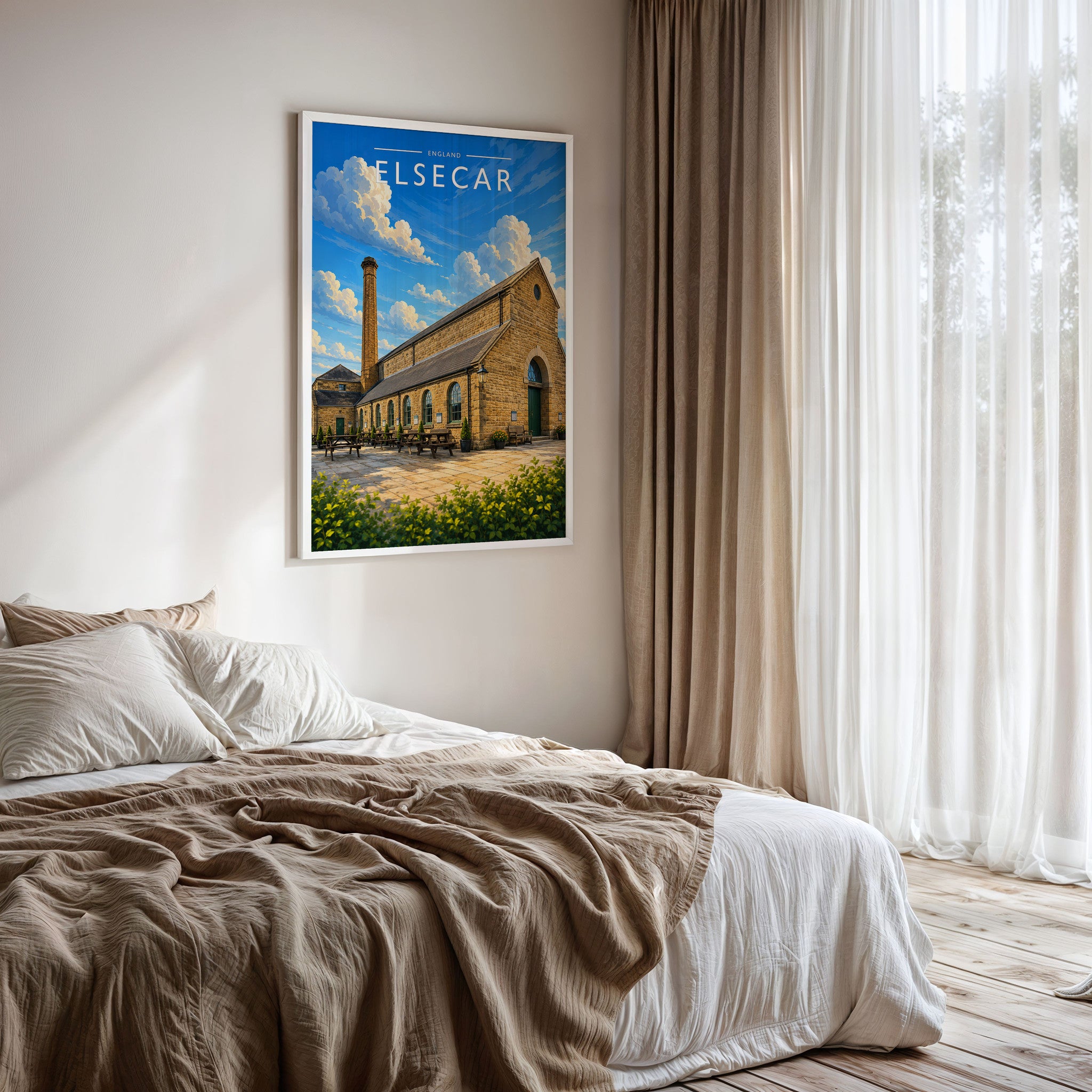 Elsecar Travel Poster framed on a bedroom wall
