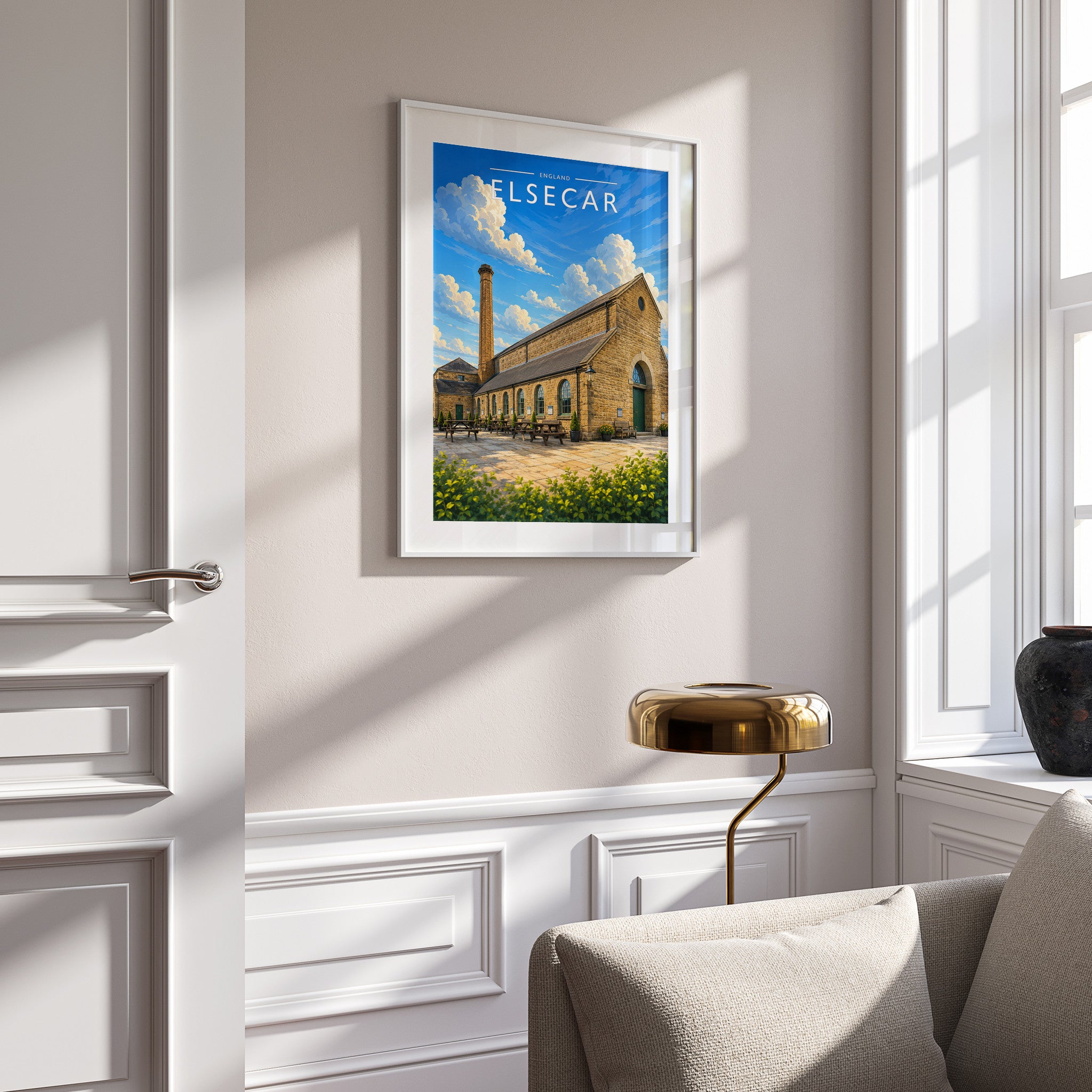 Elsecar Travel Poster in a white frame on a panelled wall