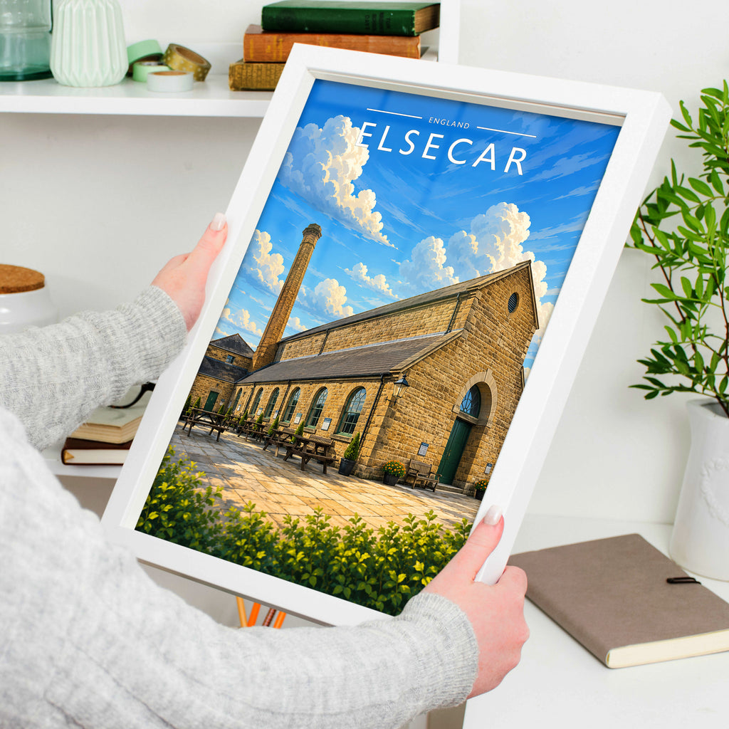 Elsecar Travel Poster in a white frame, held to show scale