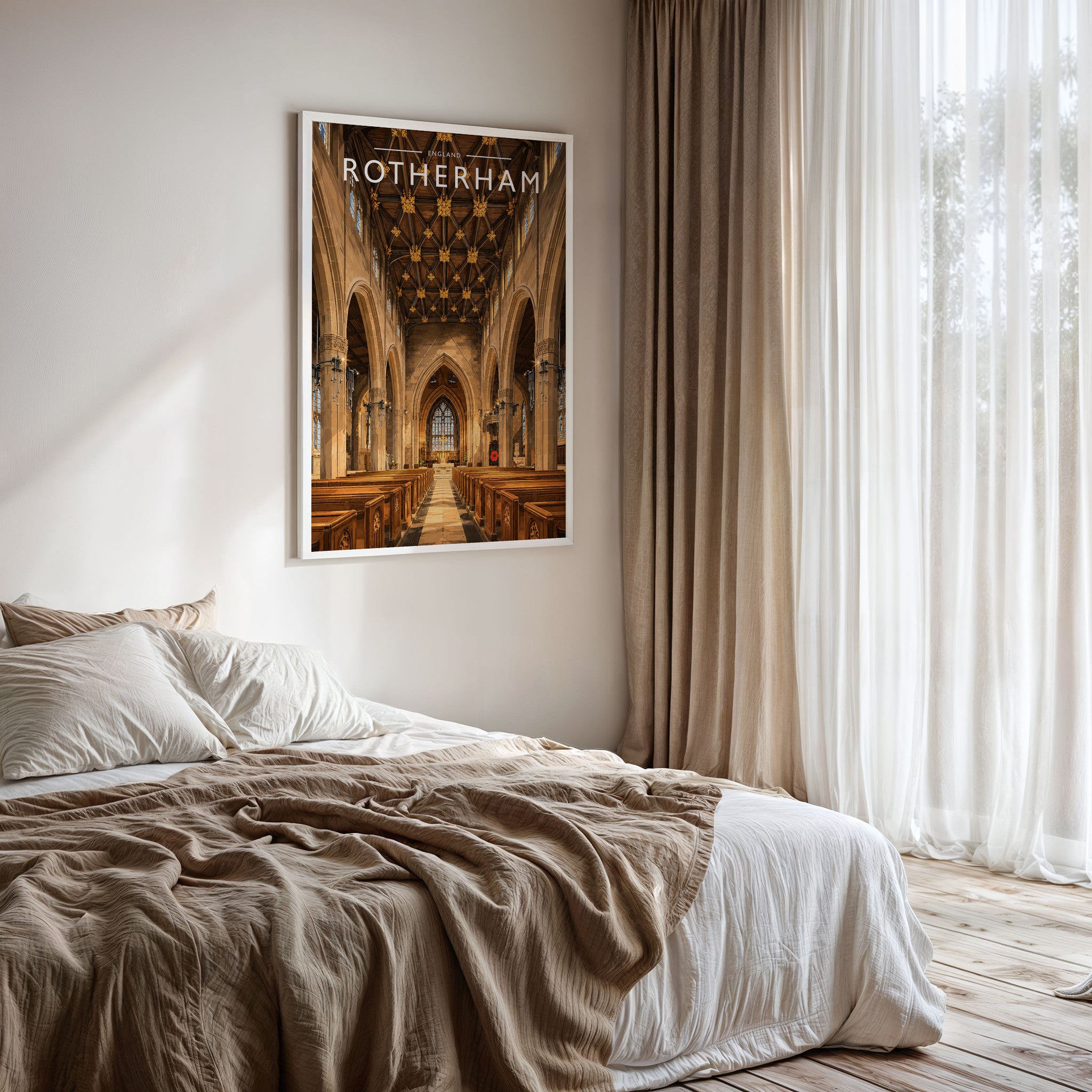 Rotherham #2 Travel Poster framed on a bedroom wall
