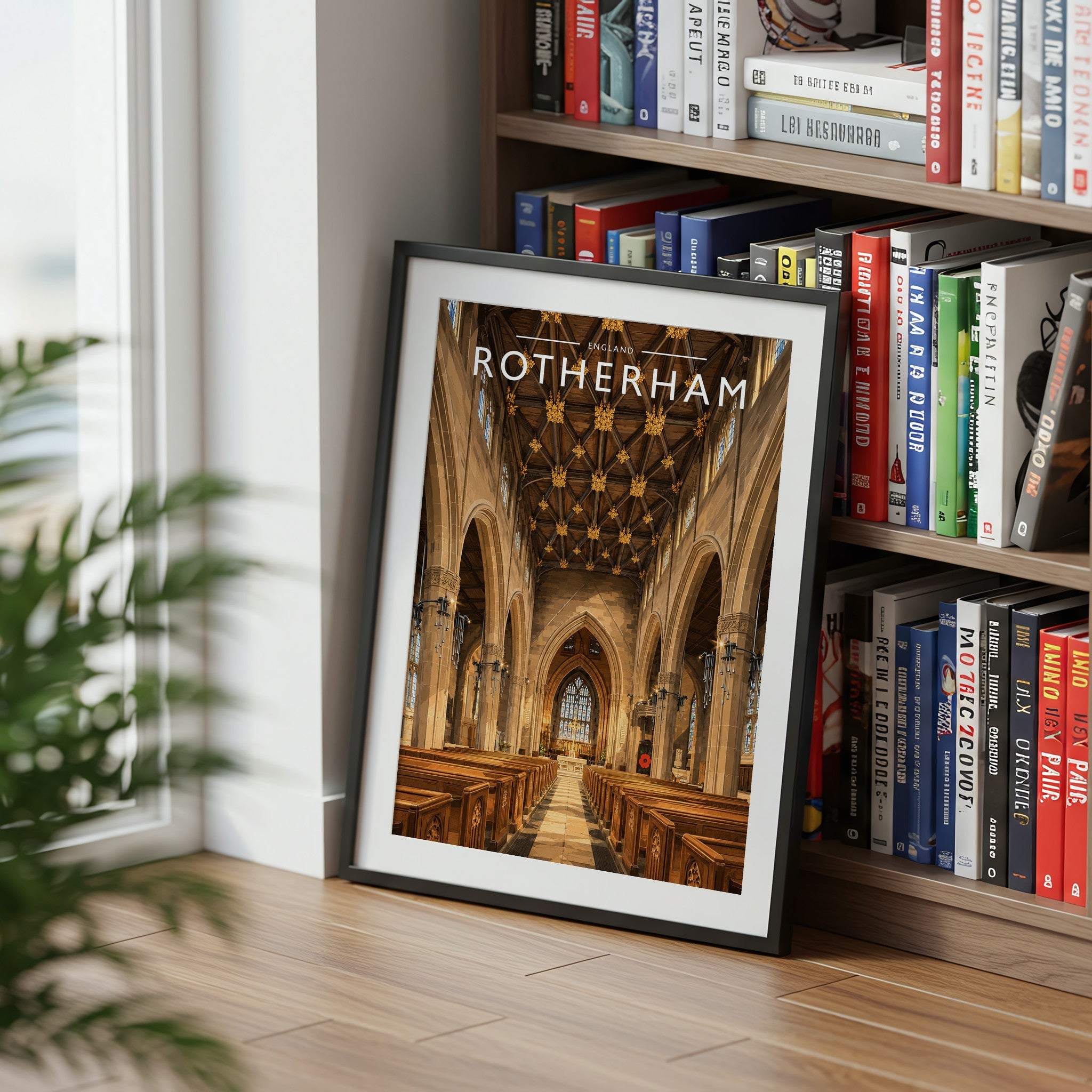 Rotherham #2 Travel Poster mounted in a black frame