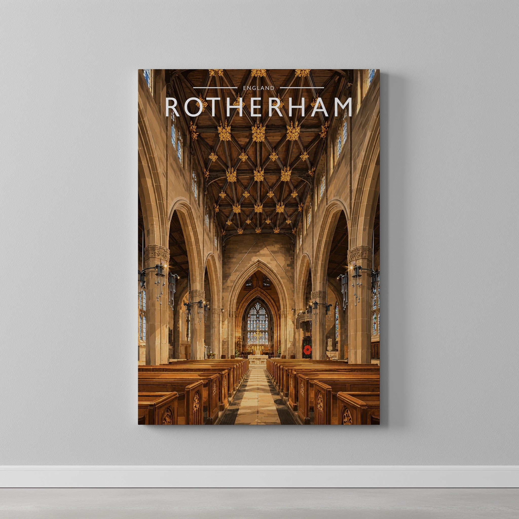 Rotherham #2 Travel Poster as a gallery-wrapped canvas on a plain wall