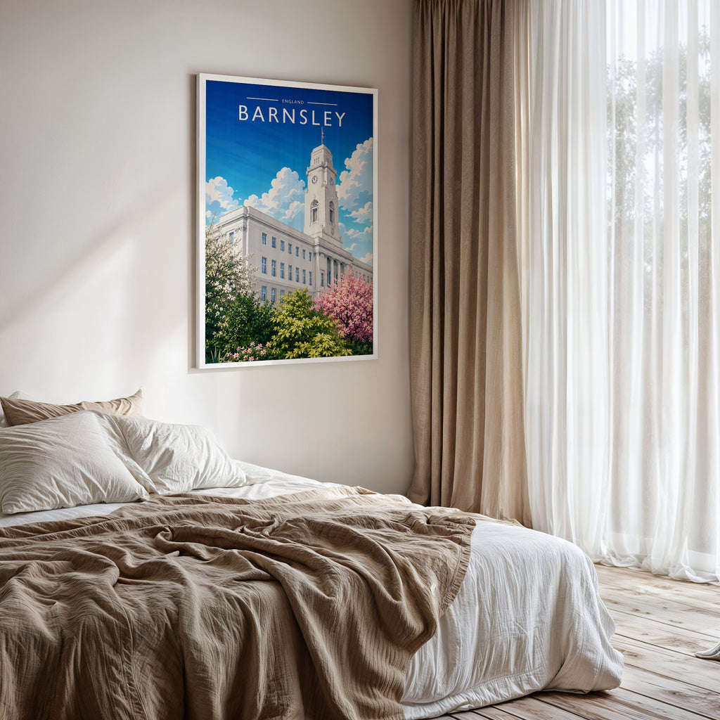 Barnsley Travel Poster framed on a bedroom wall