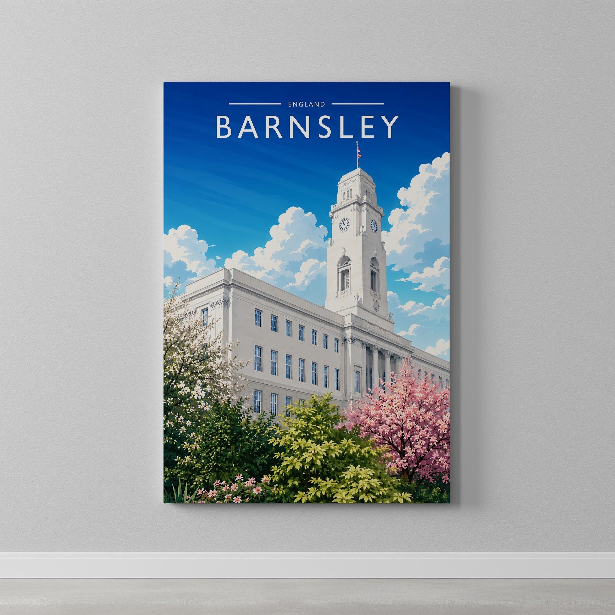 Barnsley Travel Poster as a gallery-wrapped canvas on a plain wall