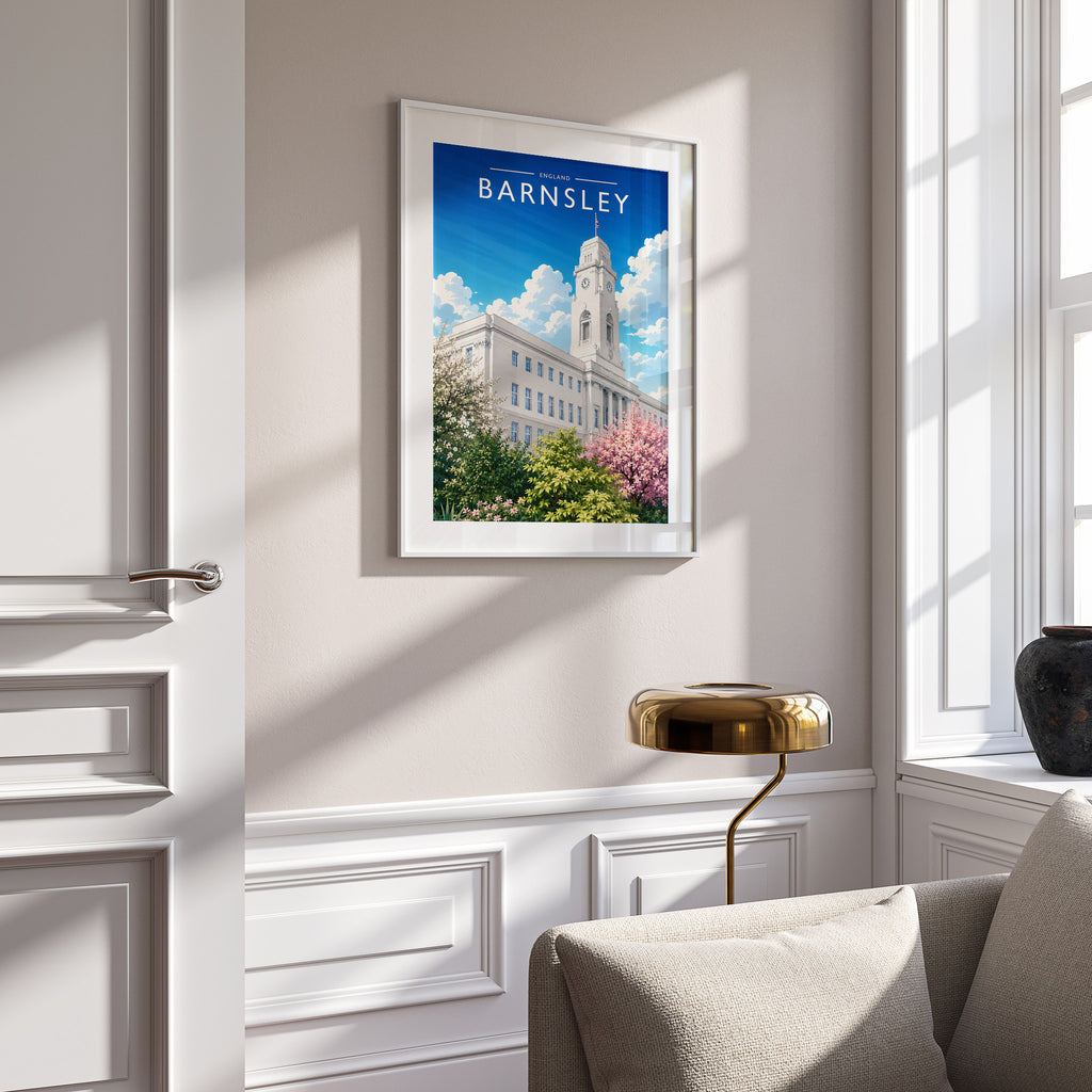 Barnsley Travel Poster in a white frame on a panelled wall