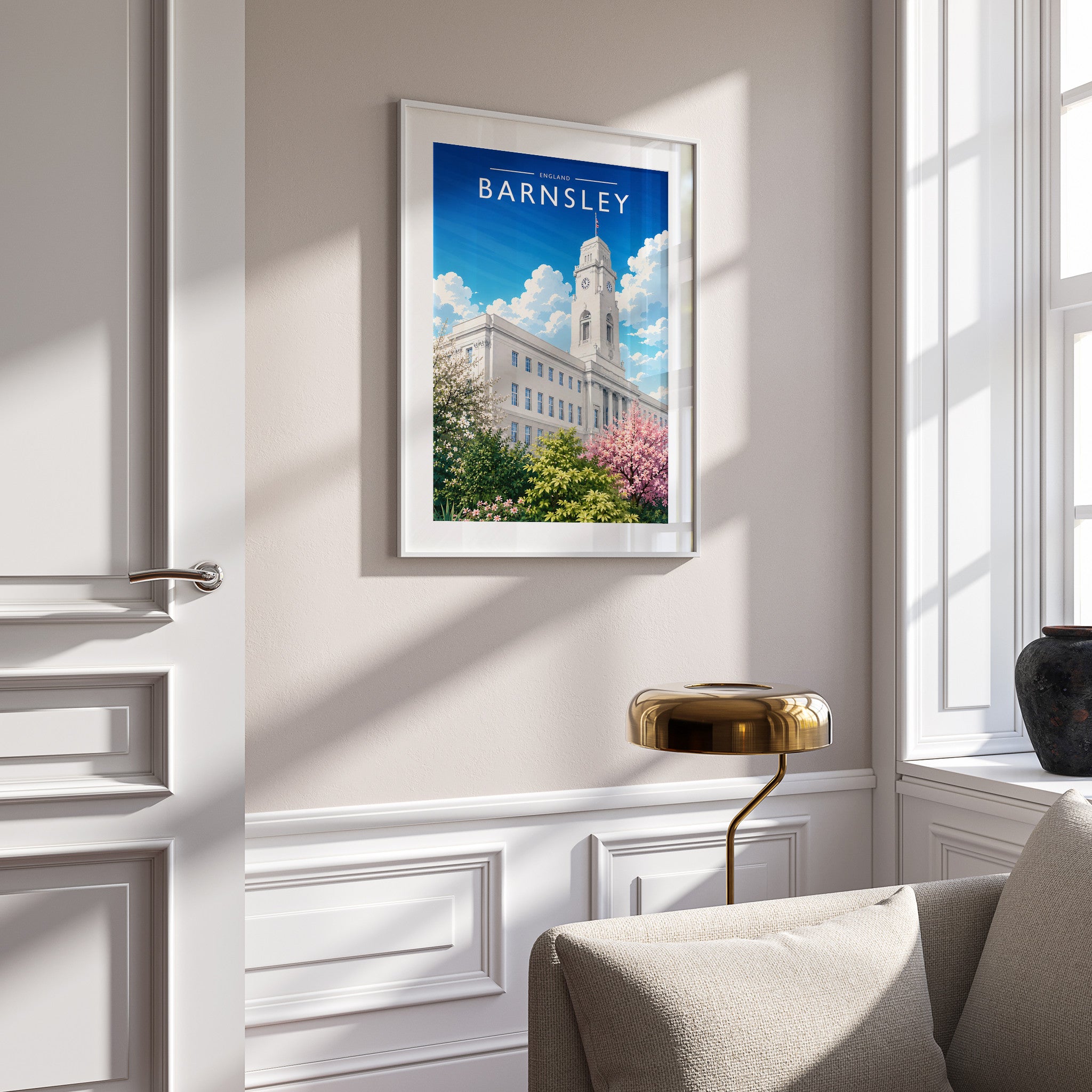 Barnsley Travel Poster in a white frame on a panelled wall