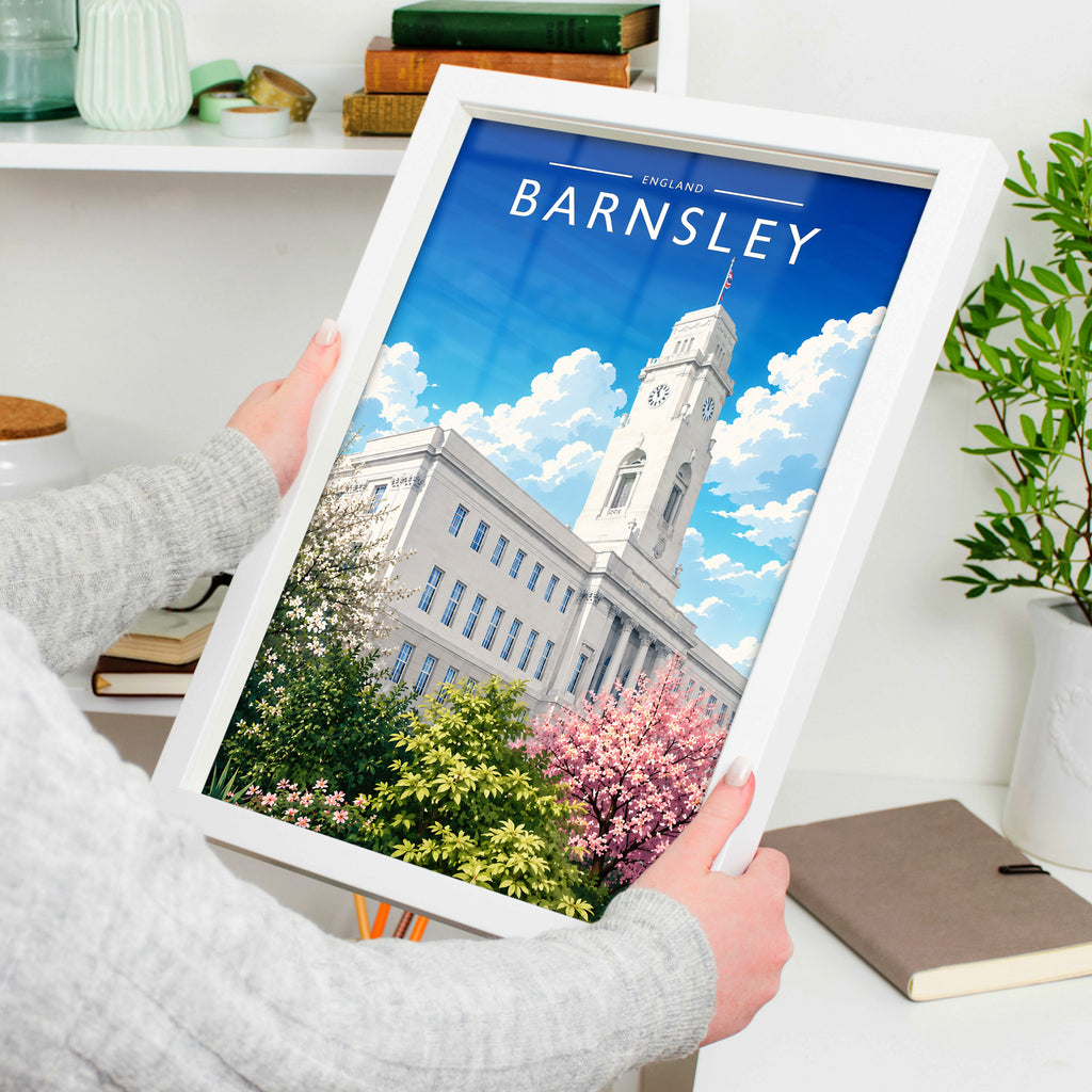 Barnsley Travel Poster in a white frame, held to show scale