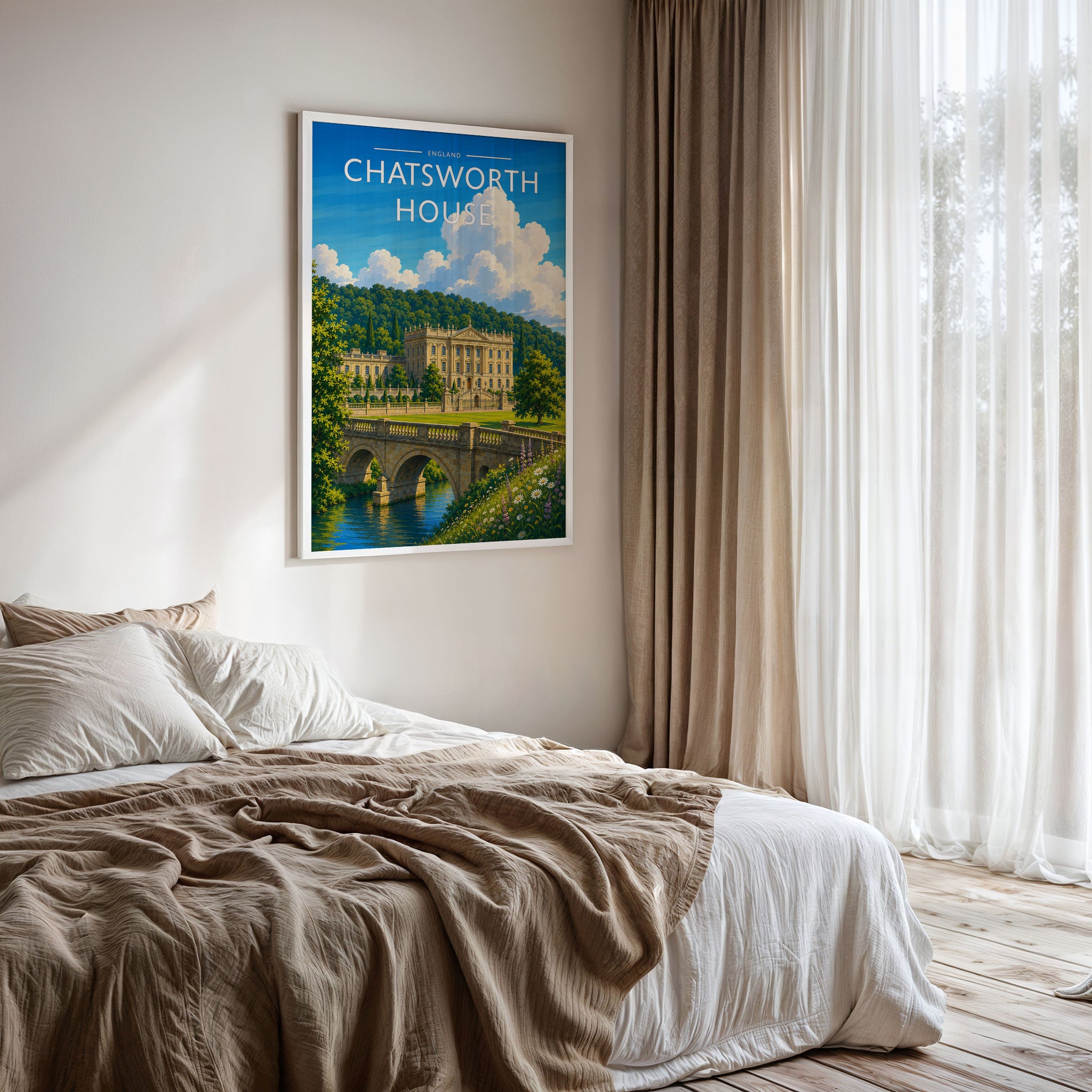 Chatsworth House Travel Poster framed on a bedroom wall