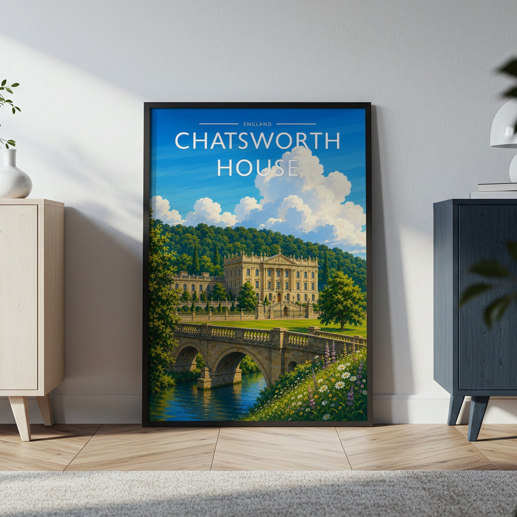 Chatsworth House Travel Poster in a black frame