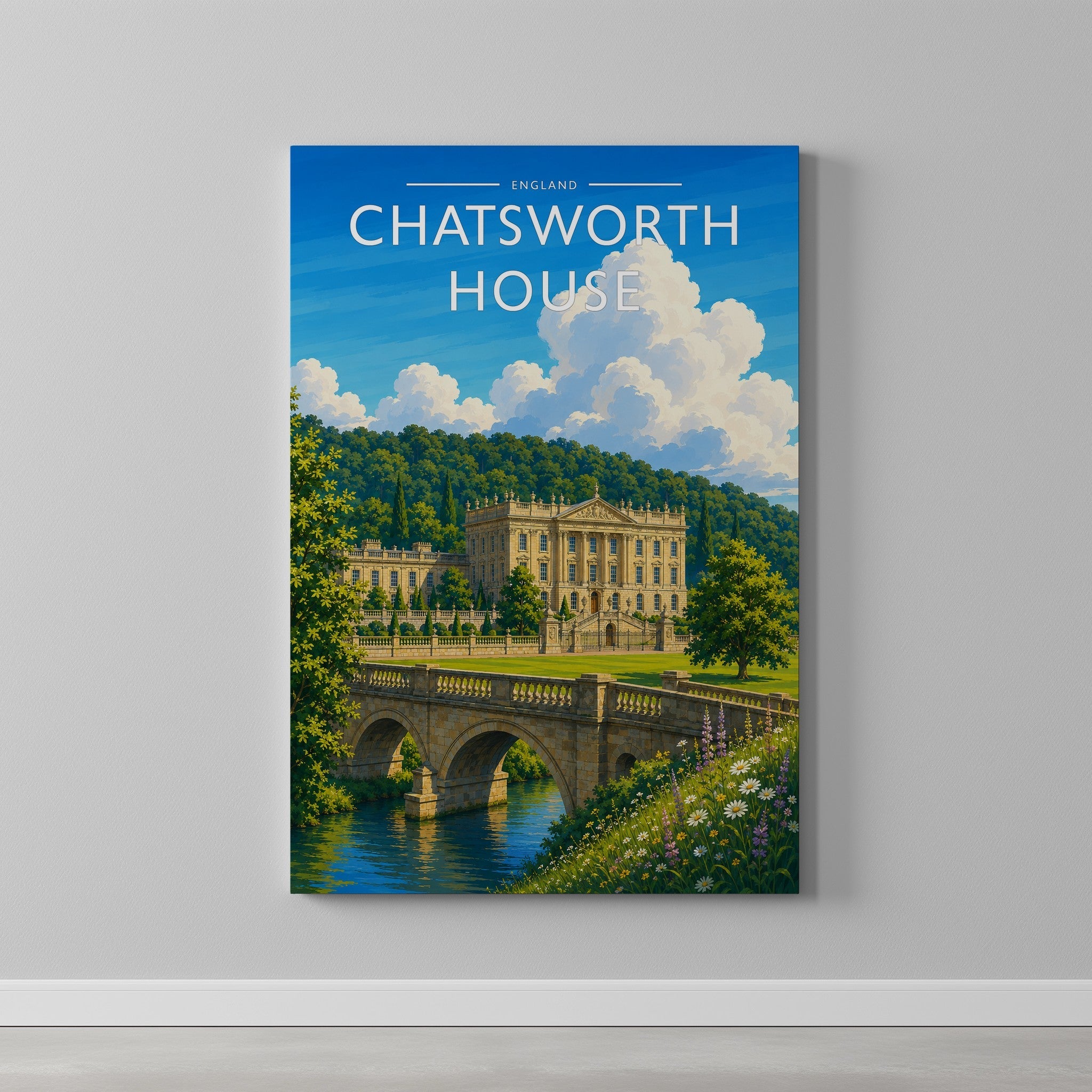 Chatsworth House Travel Poster as a gallery-wrapped canvas on a plain wall