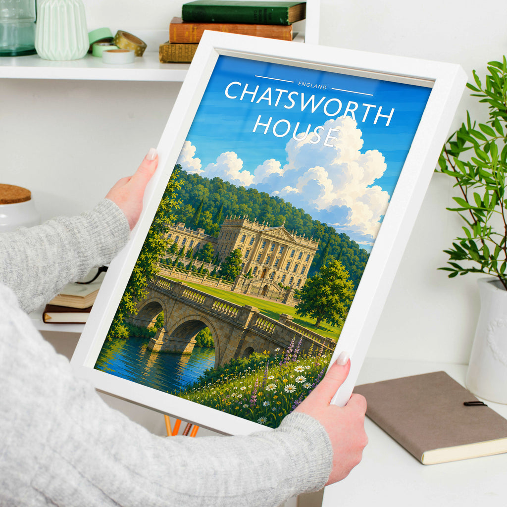 Chatsworth House Travel Poster in a white frame, held to show scale