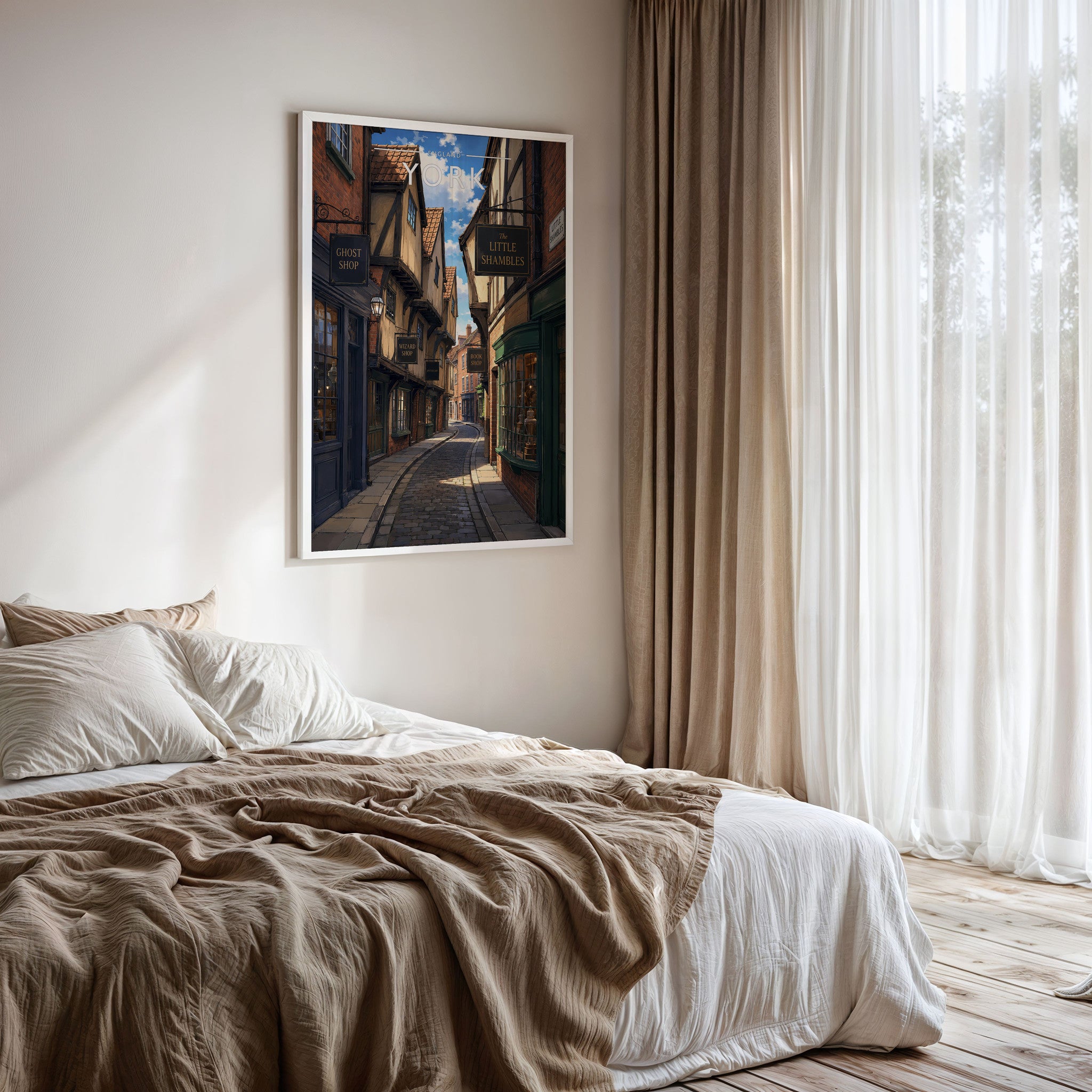 York #4 Travel Poster framed on a bedroom wall