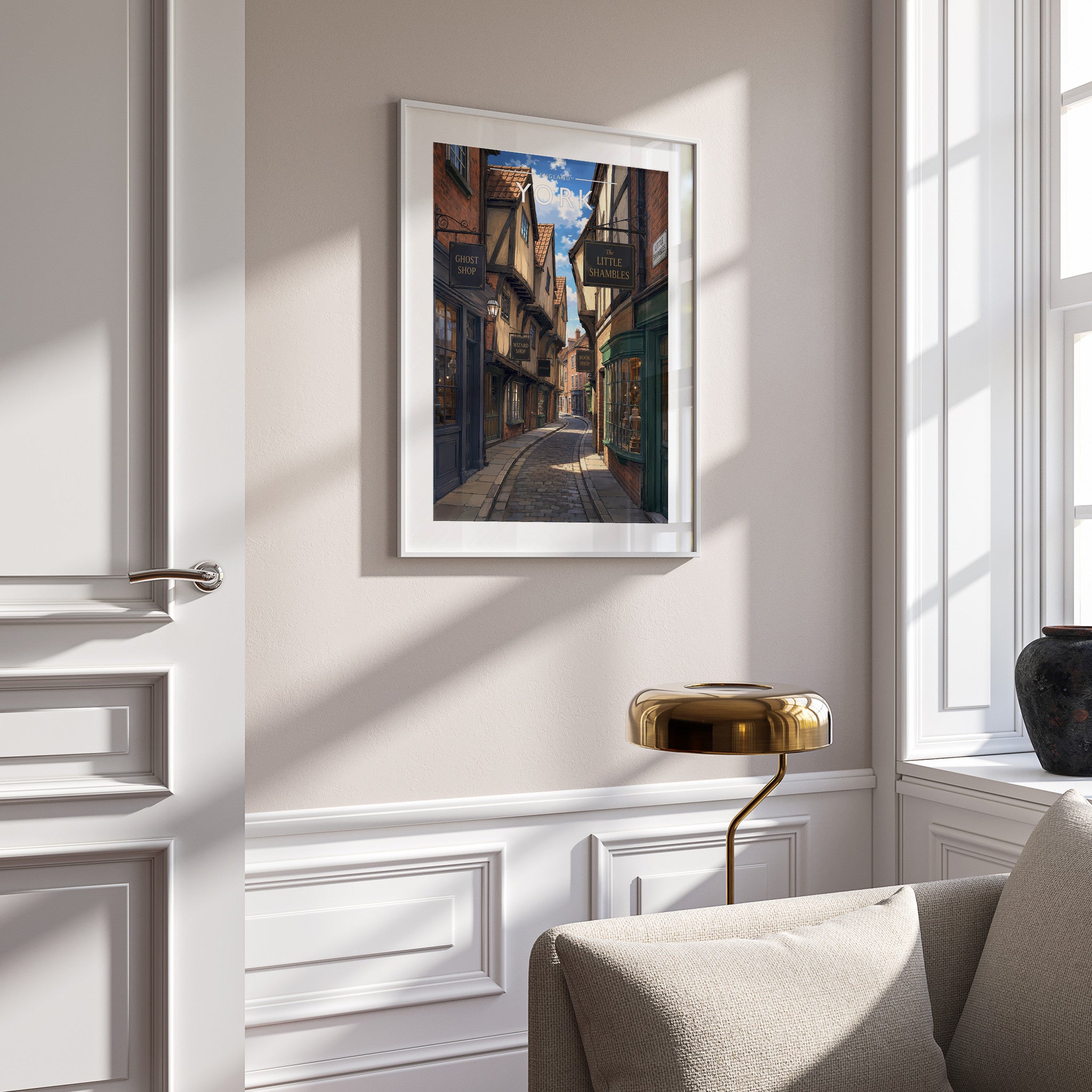 York #4 Travel Poster in a white frame on a panelled wall