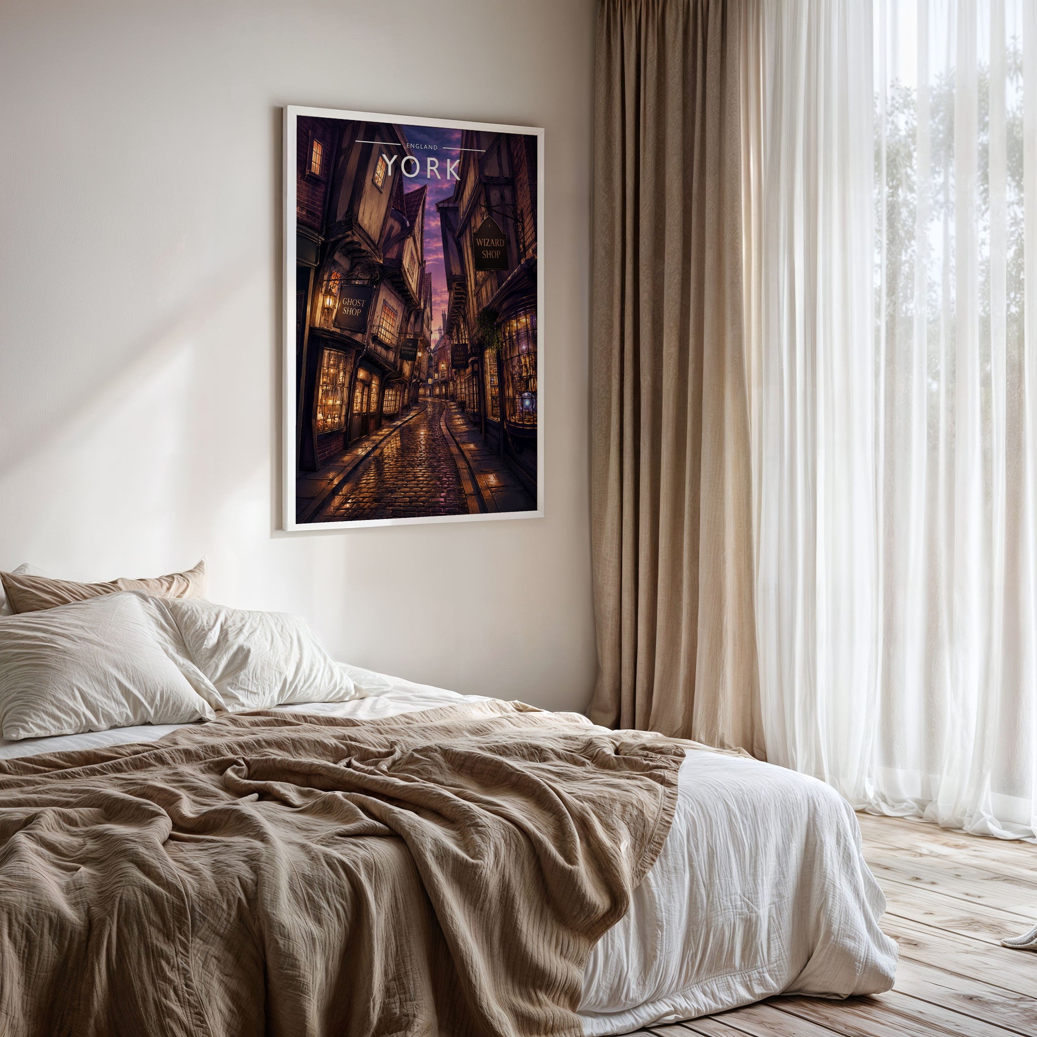 York #5 Travel Poster framed on a bedroom wall