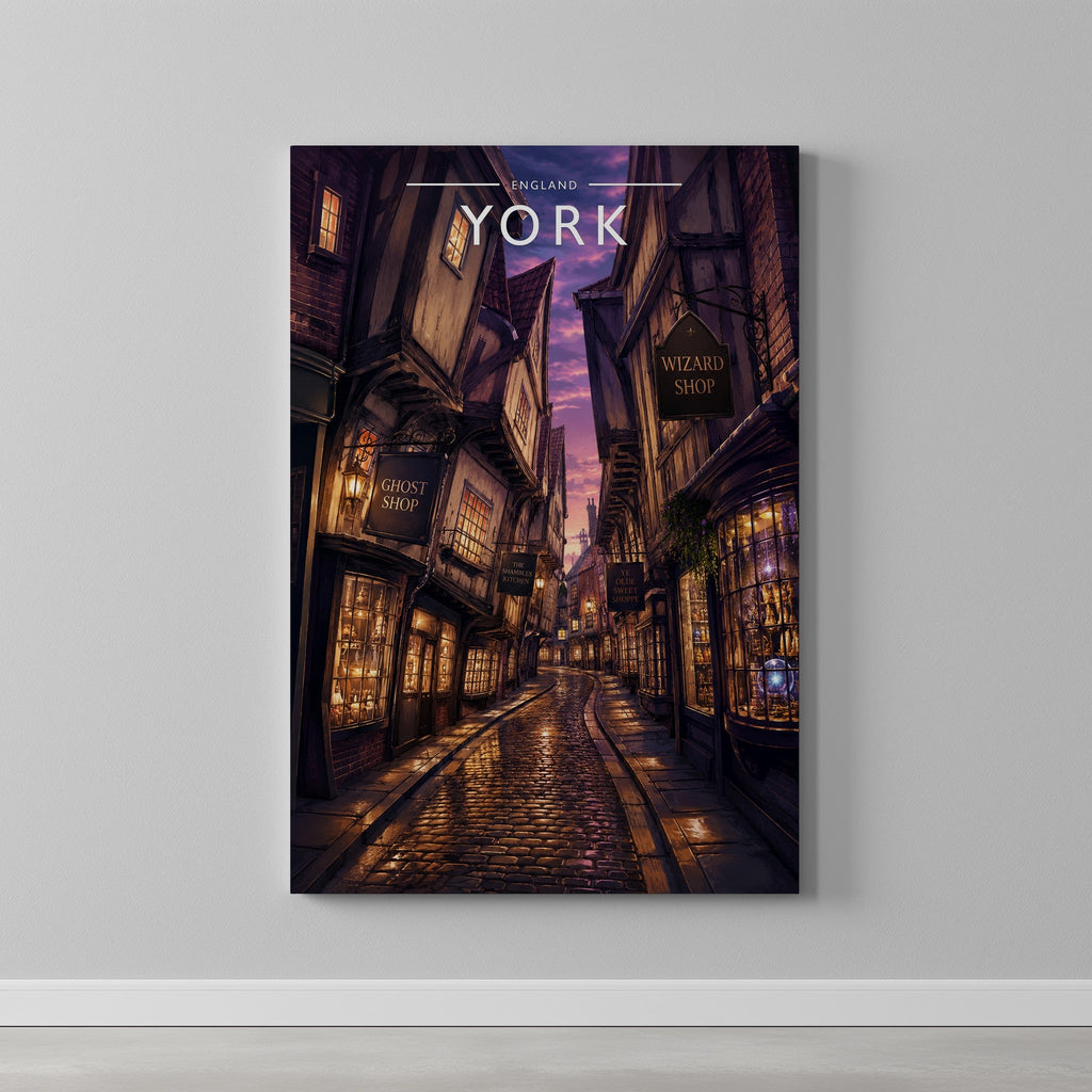 York #5 Travel Poster as a gallery-wrapped canvas on a plain wall
