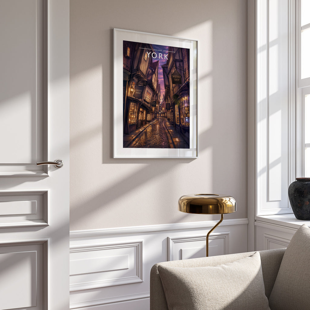 York #5 Travel Poster in a white frame on a panelled wall