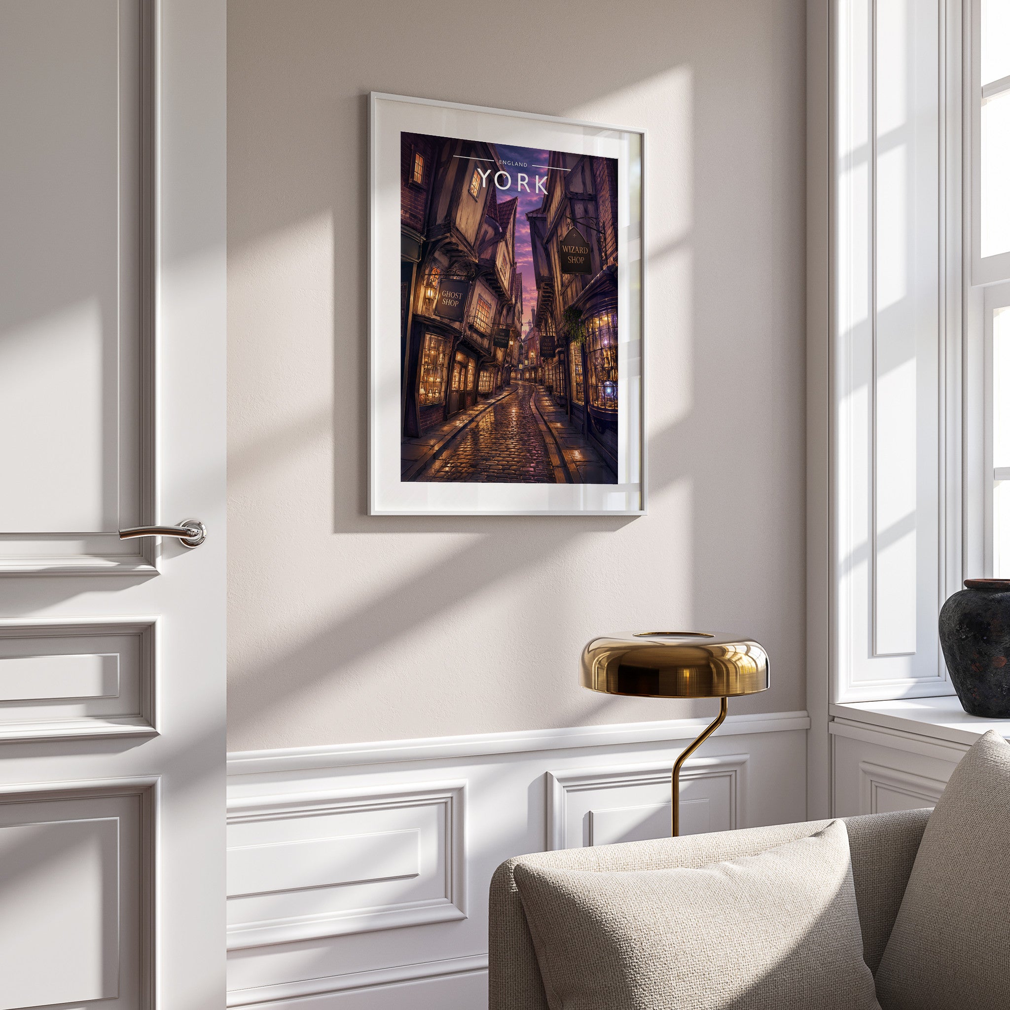 York #5 Travel Poster in a white frame on a panelled wall