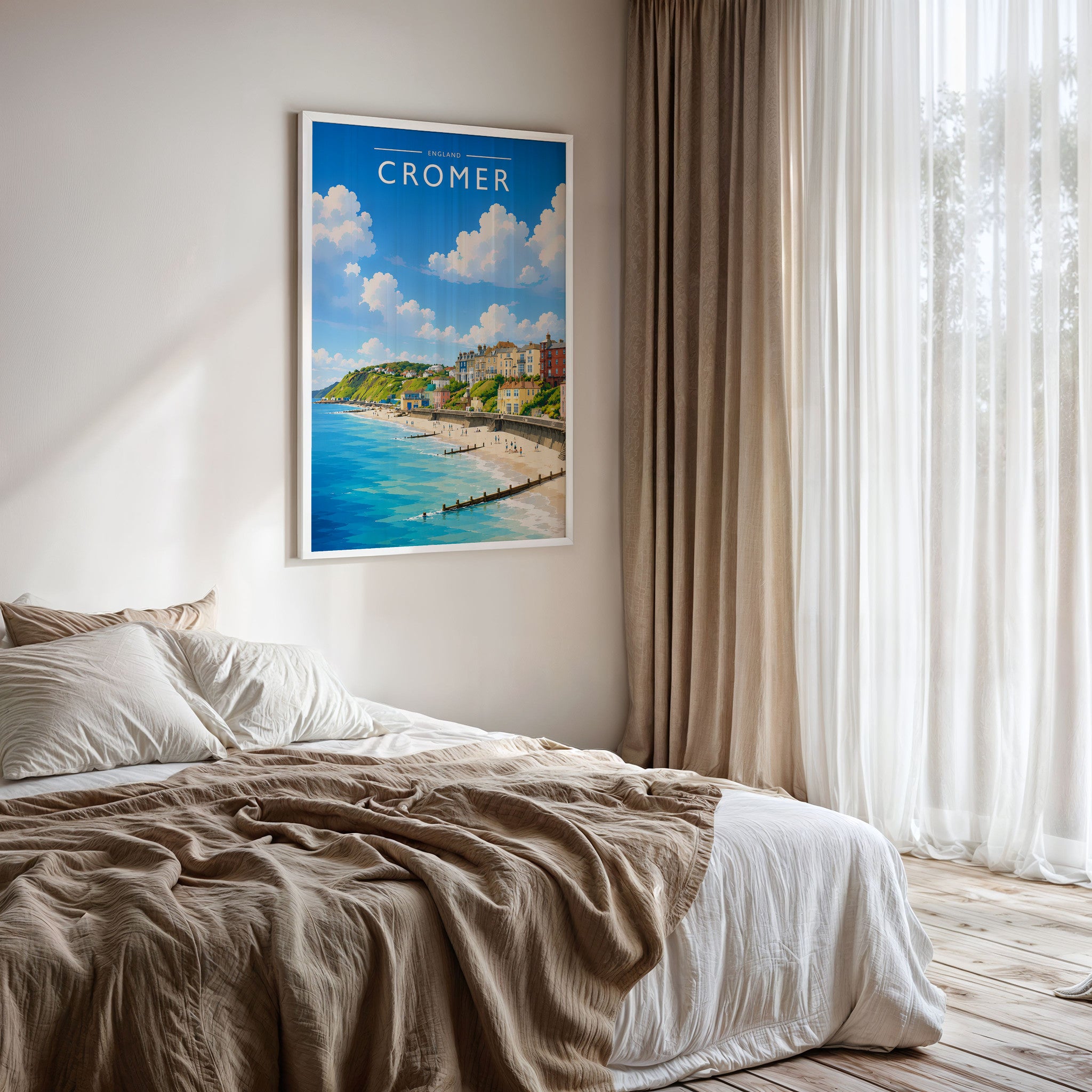 Cromer #3 Travel Poster framed on a bedroom wall