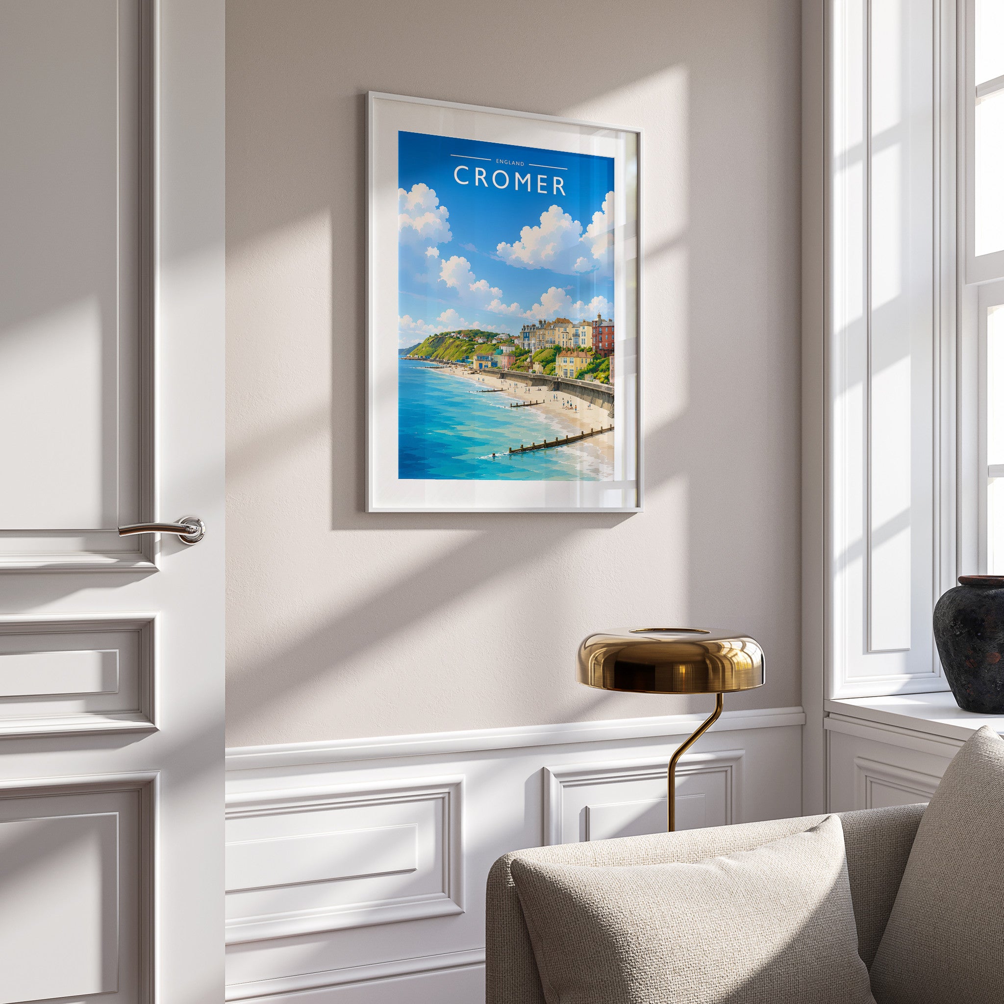Cromer #3 Travel Poster in a white frame on a panelled wall