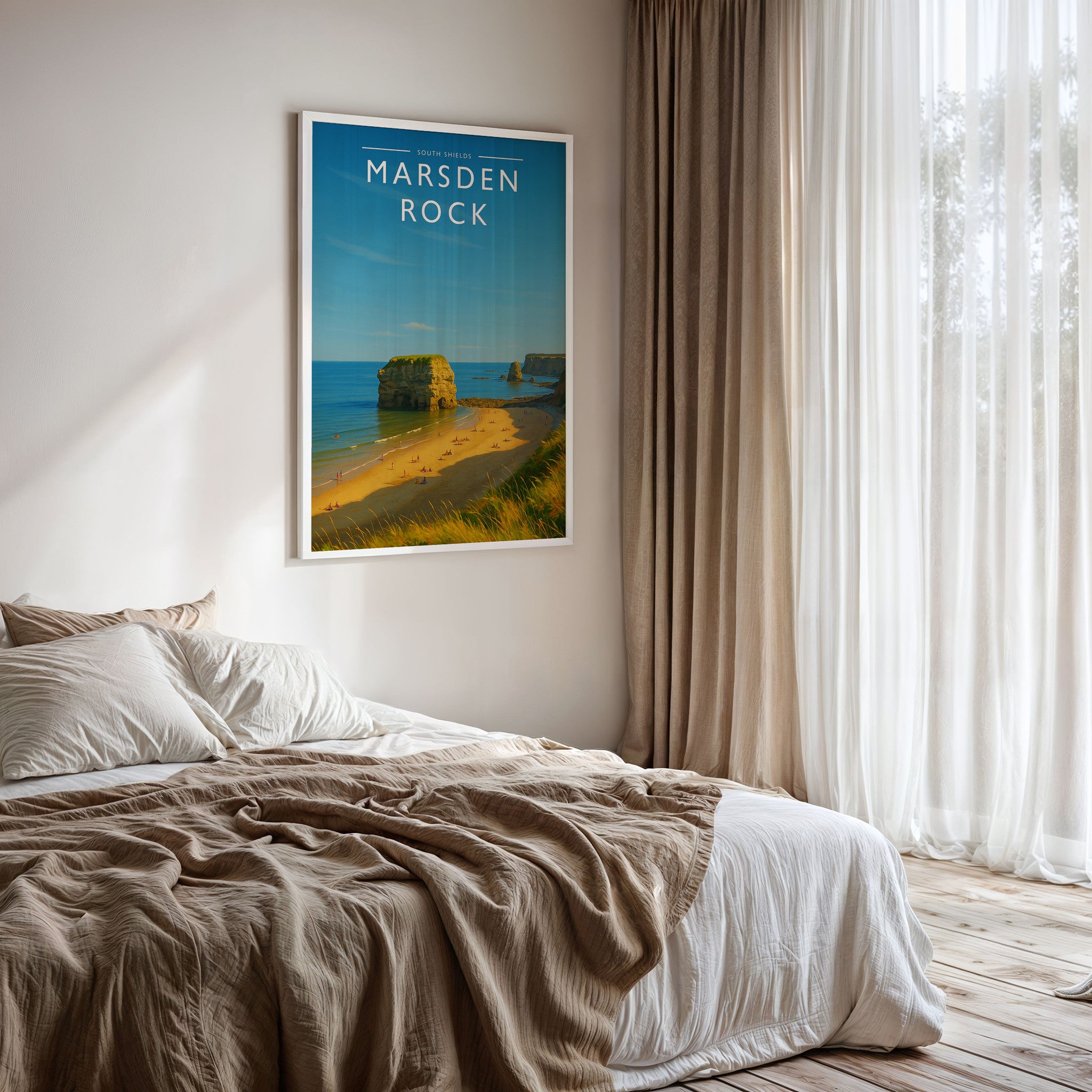 South Shields Travel Poster framed on a bedroom wall