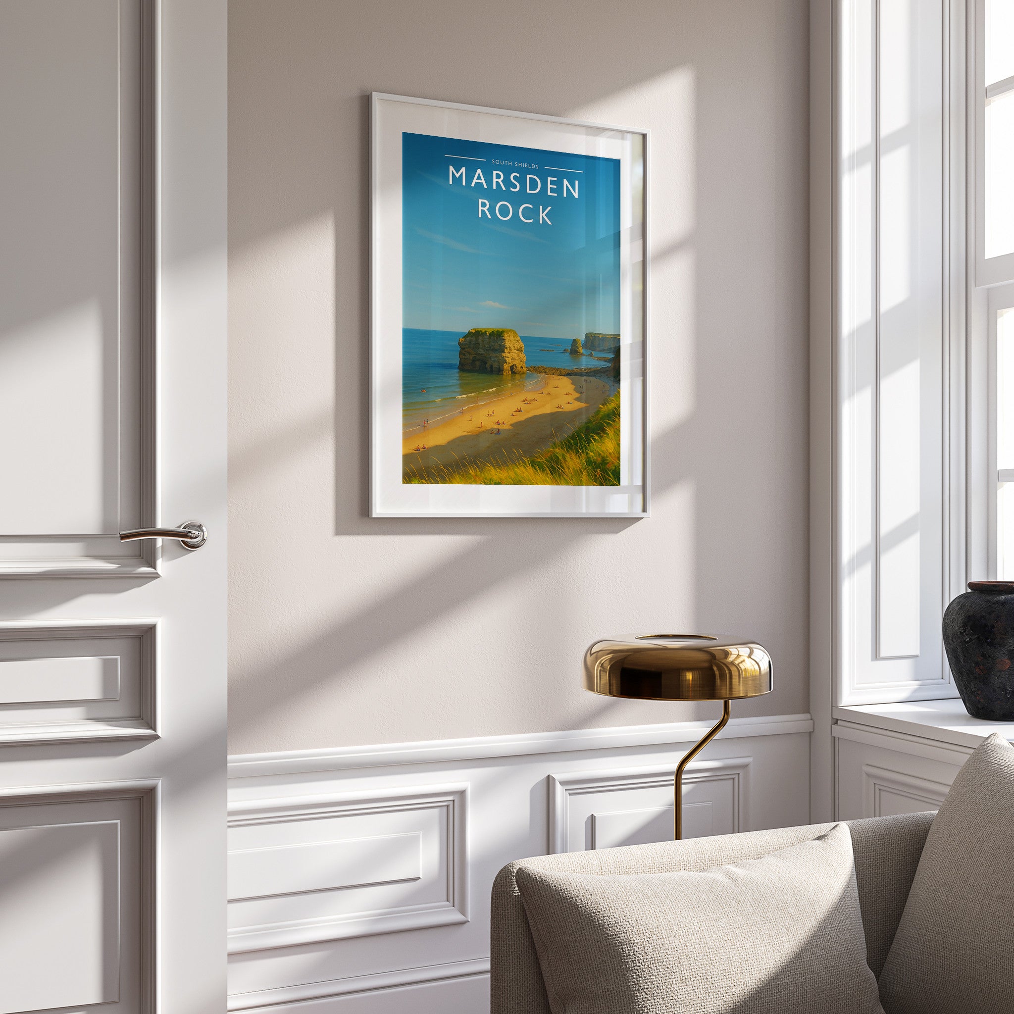 South Shields Travel Poster in a white frame on a panelled wall