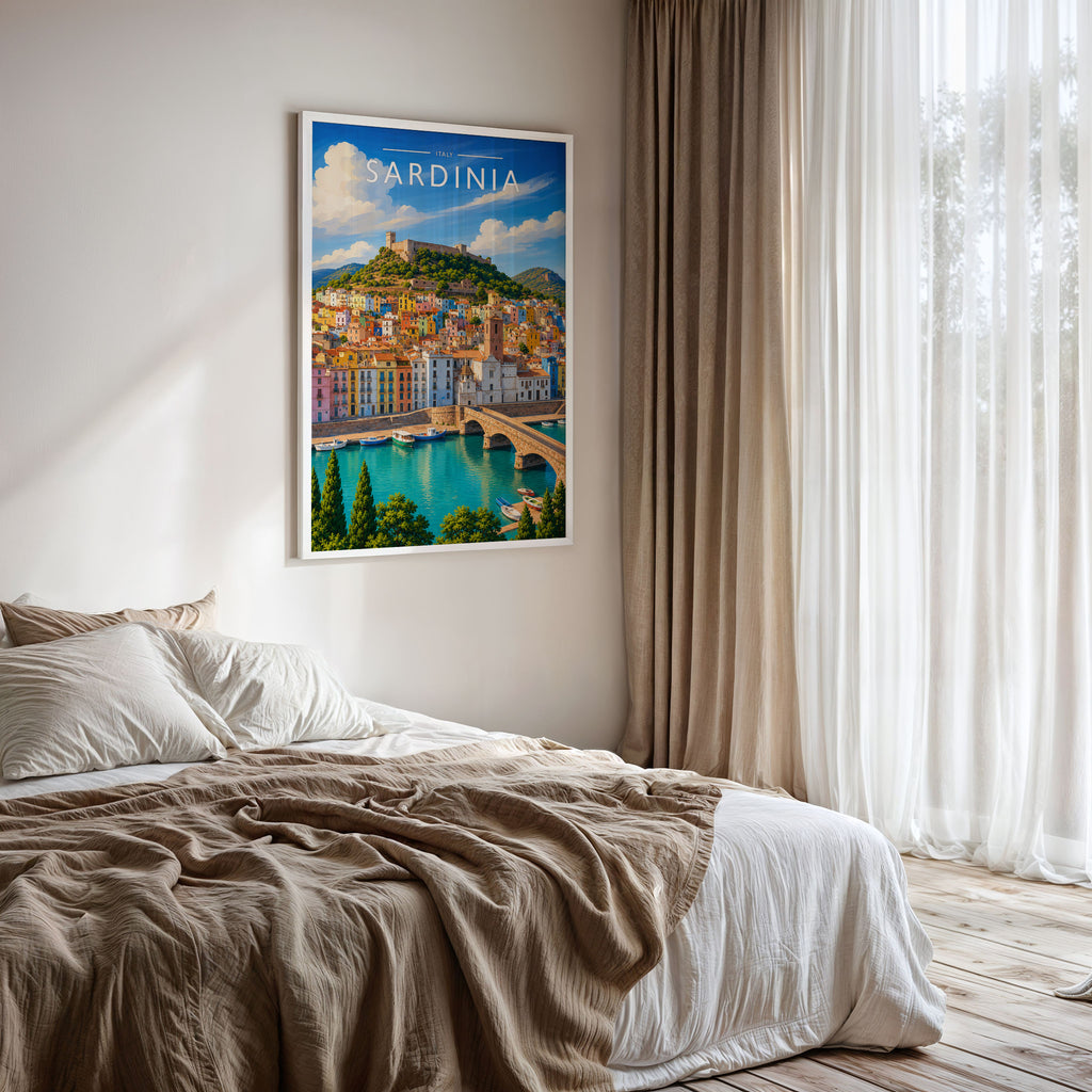 Sardinia Travel Poster framed on a bedroom wall
