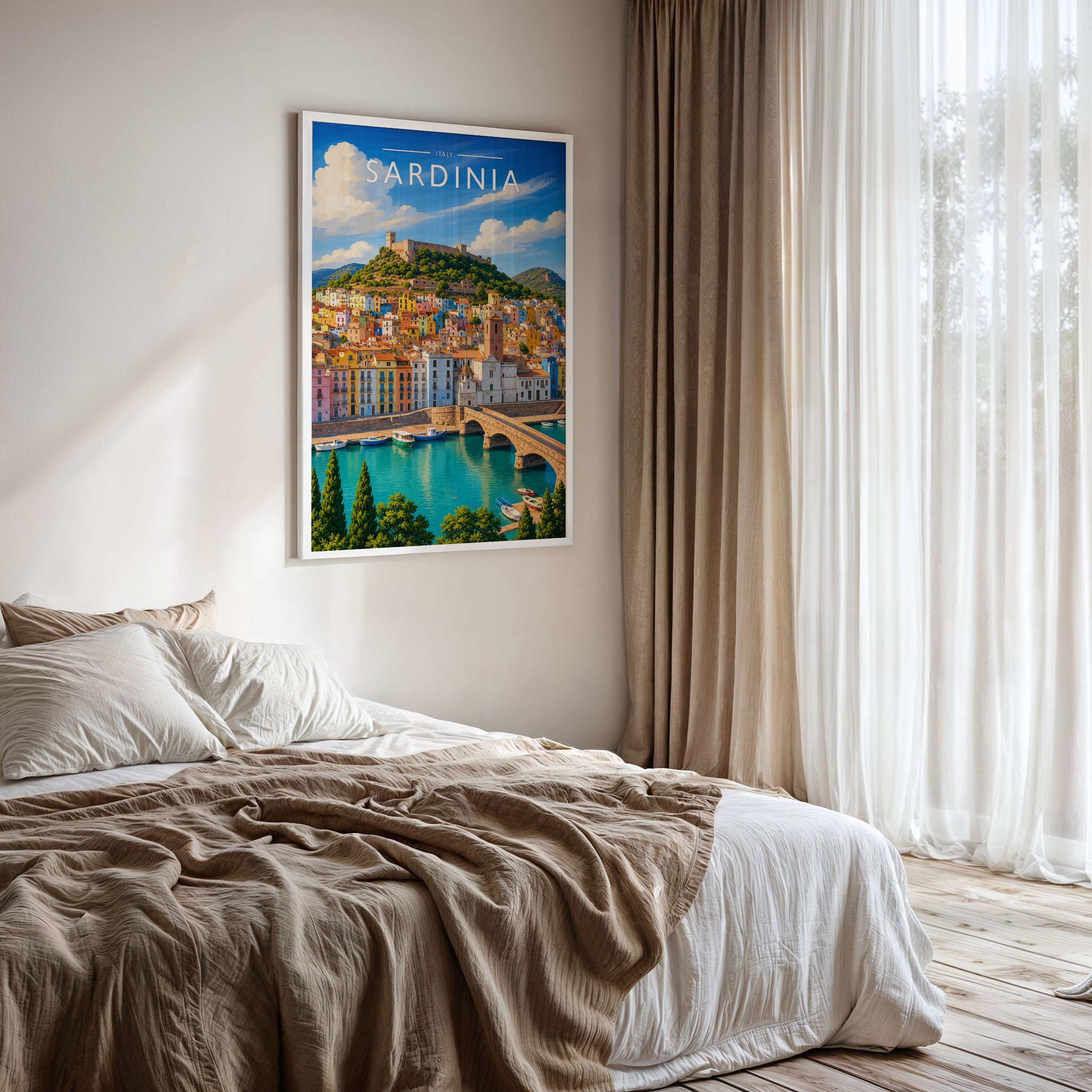 Sardinia Travel Poster framed on a bedroom wall