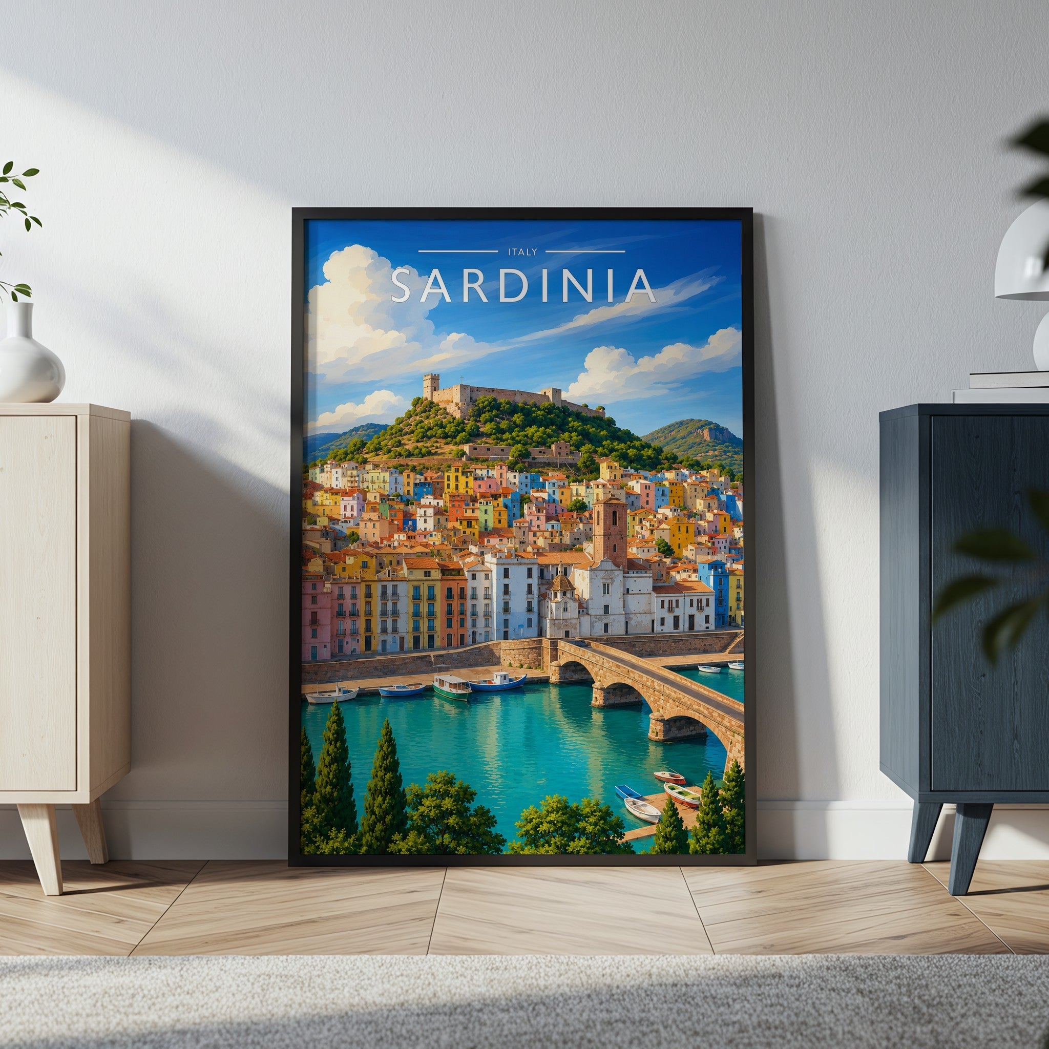Sardinia Travel Poster in a black frame