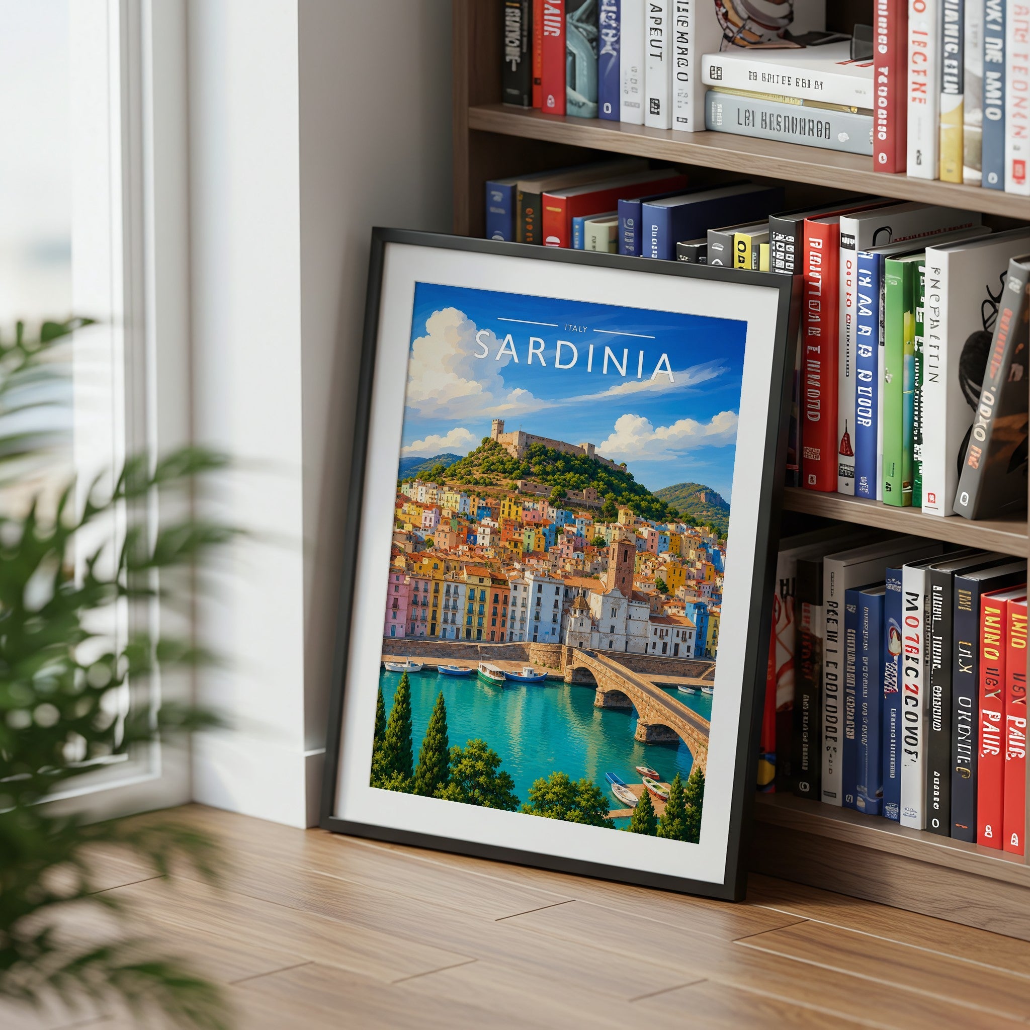 Sardinia Travel Poster mounted in a black frame