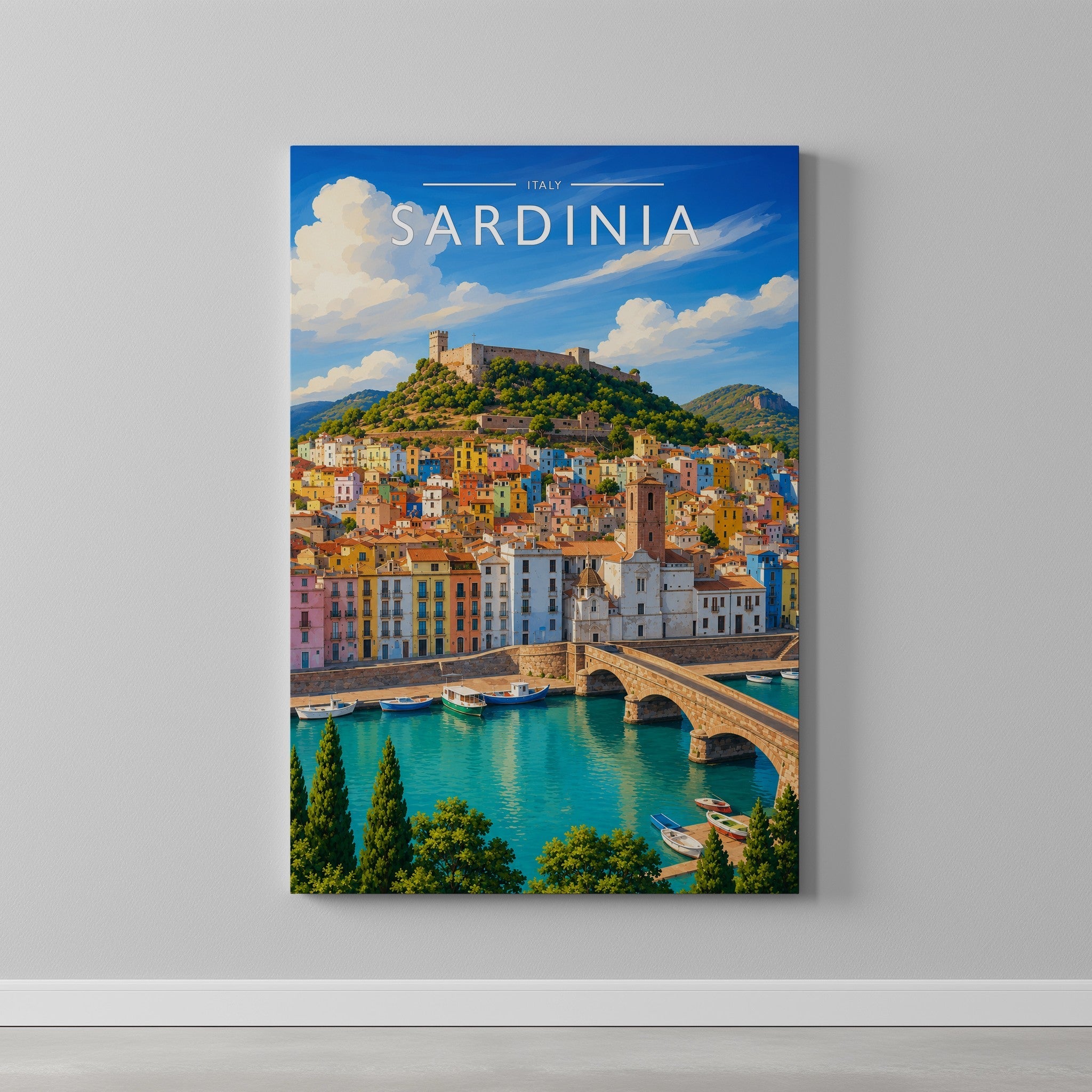 Sardinia Travel Poster as a gallery-wrapped canvas on a plain wall