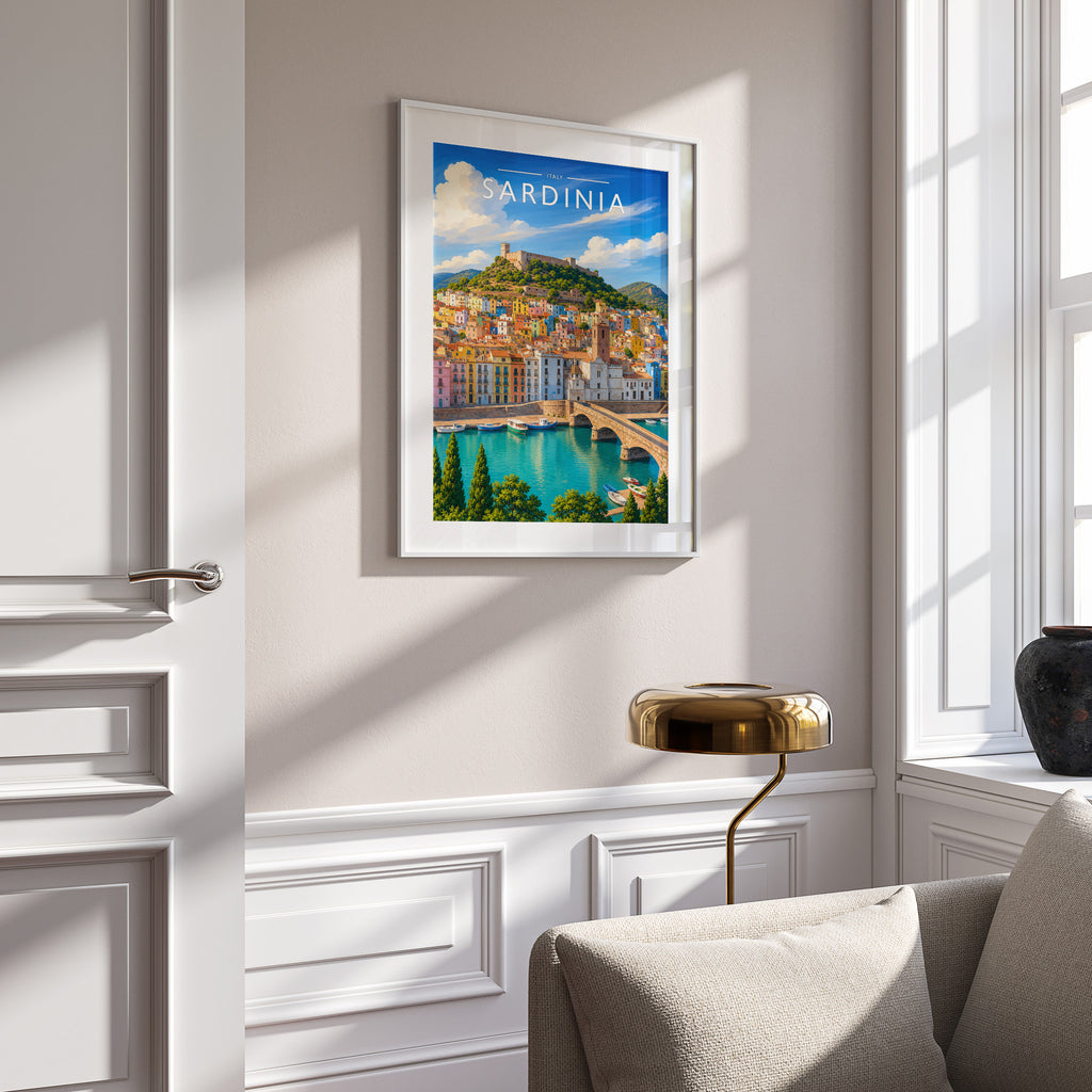 Sardinia Travel Poster in a white frame on a panelled wall