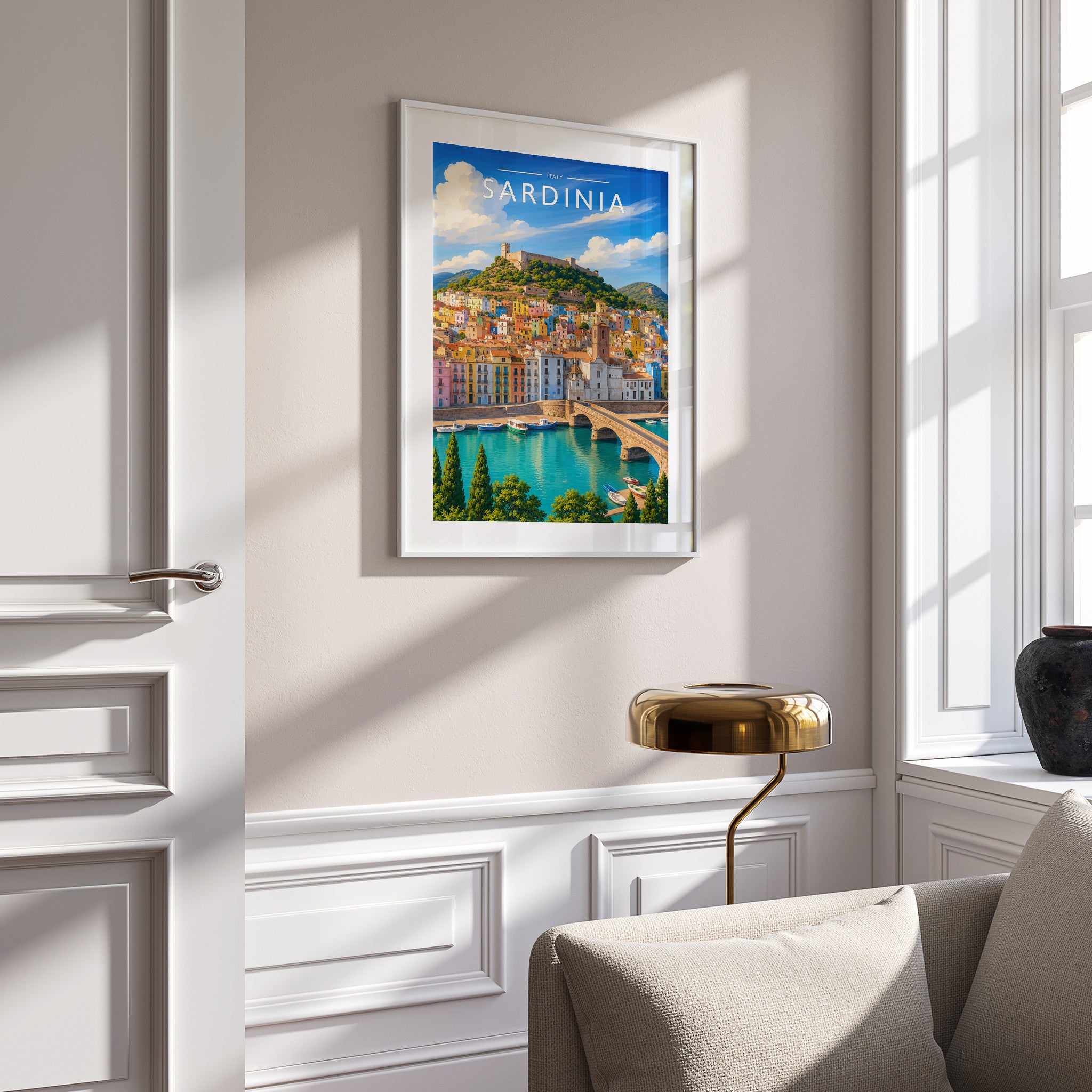 Sardinia Travel Poster in a white frame on a panelled wall