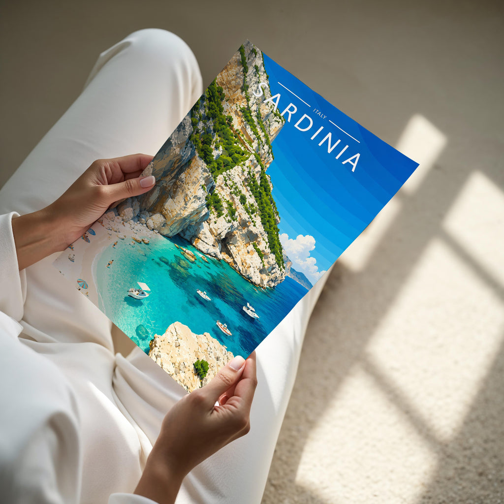 Sardinia #2 Travel Poster - A4 print held in hand