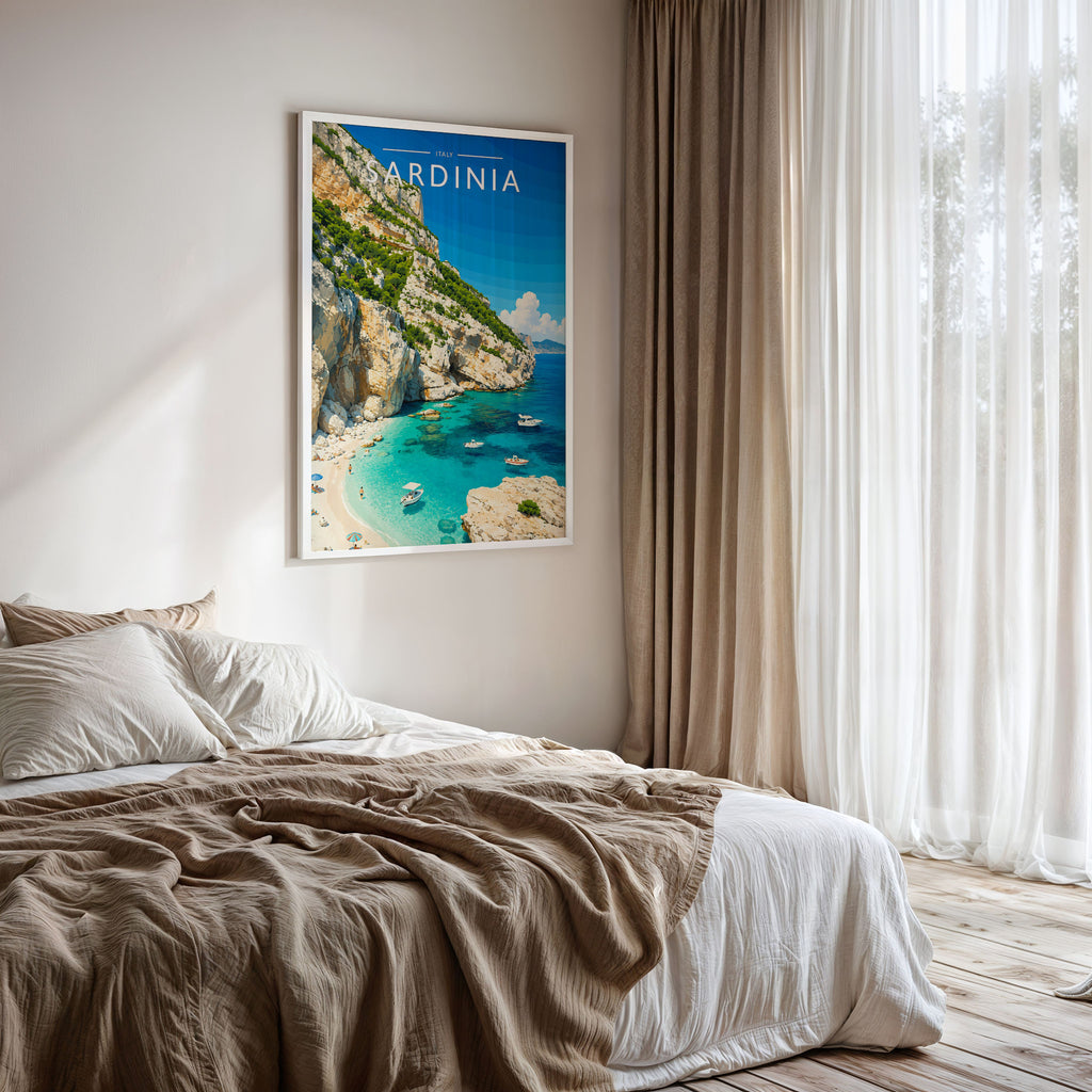 Sardinia #2 Travel Poster framed on a bedroom wall