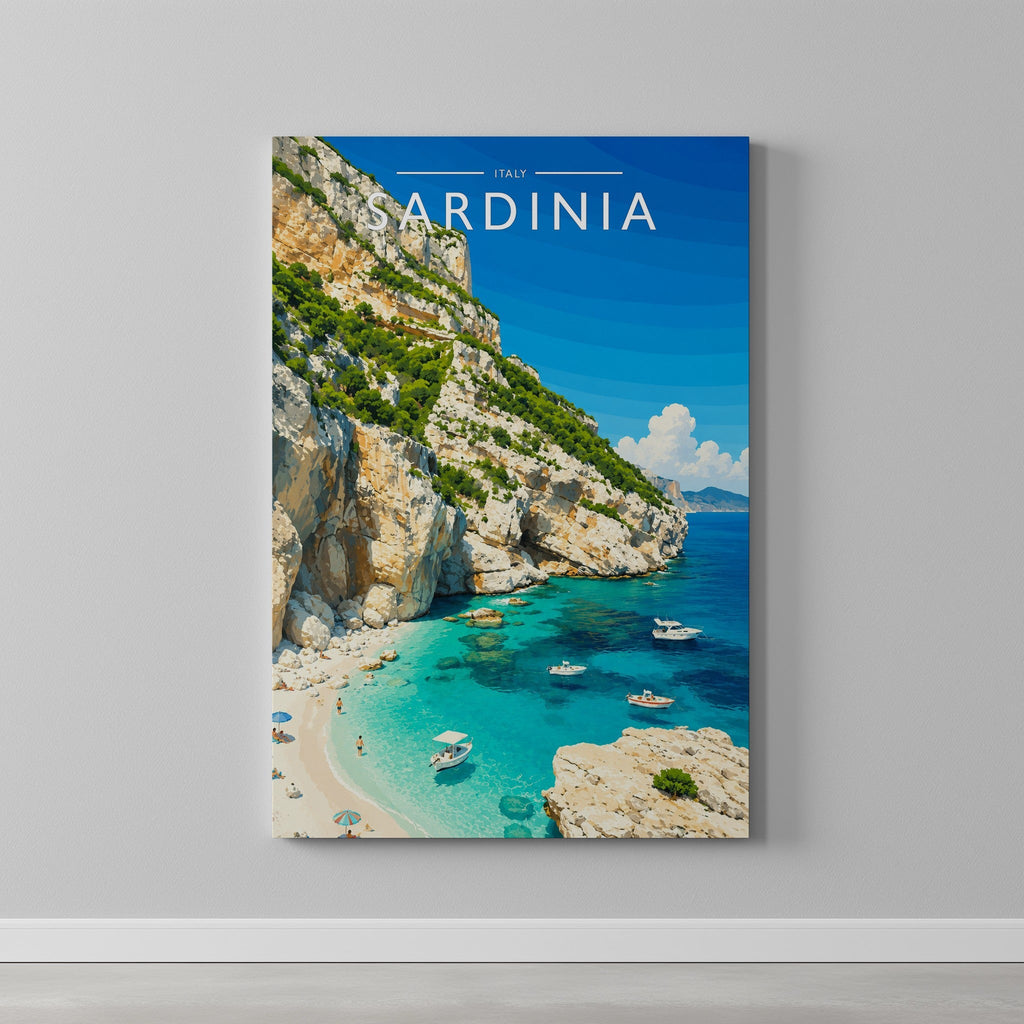 Sardinia #2 Travel Poster as a gallery-wrapped canvas on a plain wall
