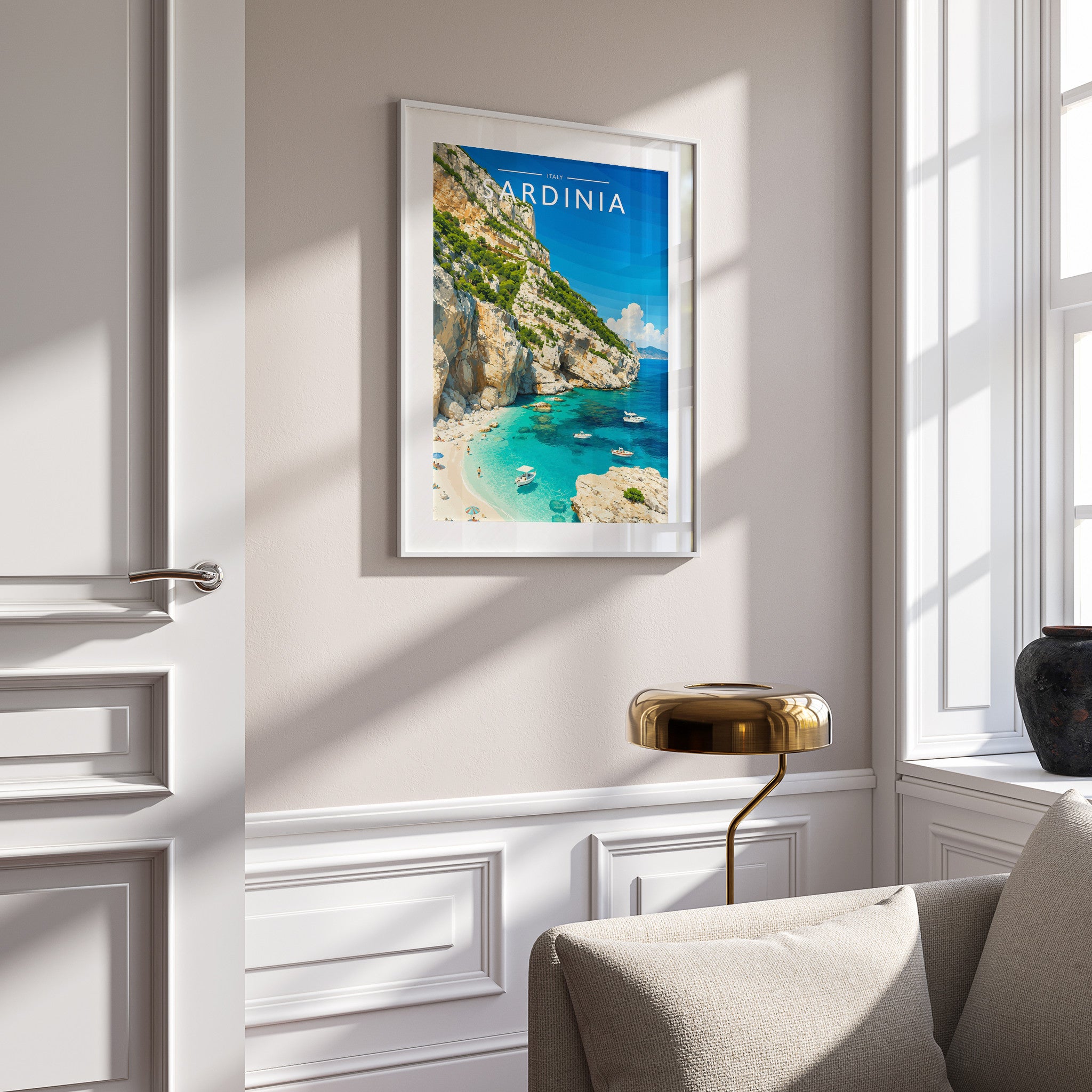 Sardinia #2 Travel Poster in a white frame on a panelled wall