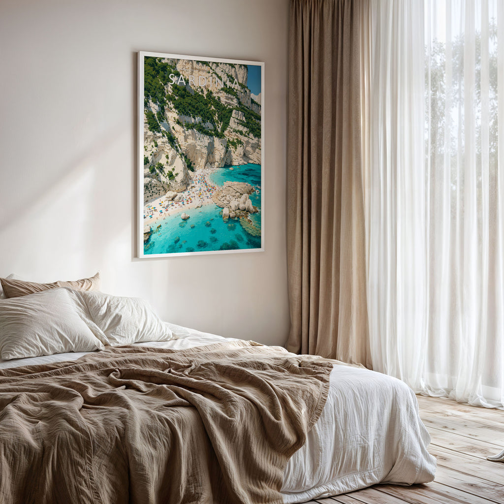 Sardinia #3 Travel Poster framed on a bedroom wall