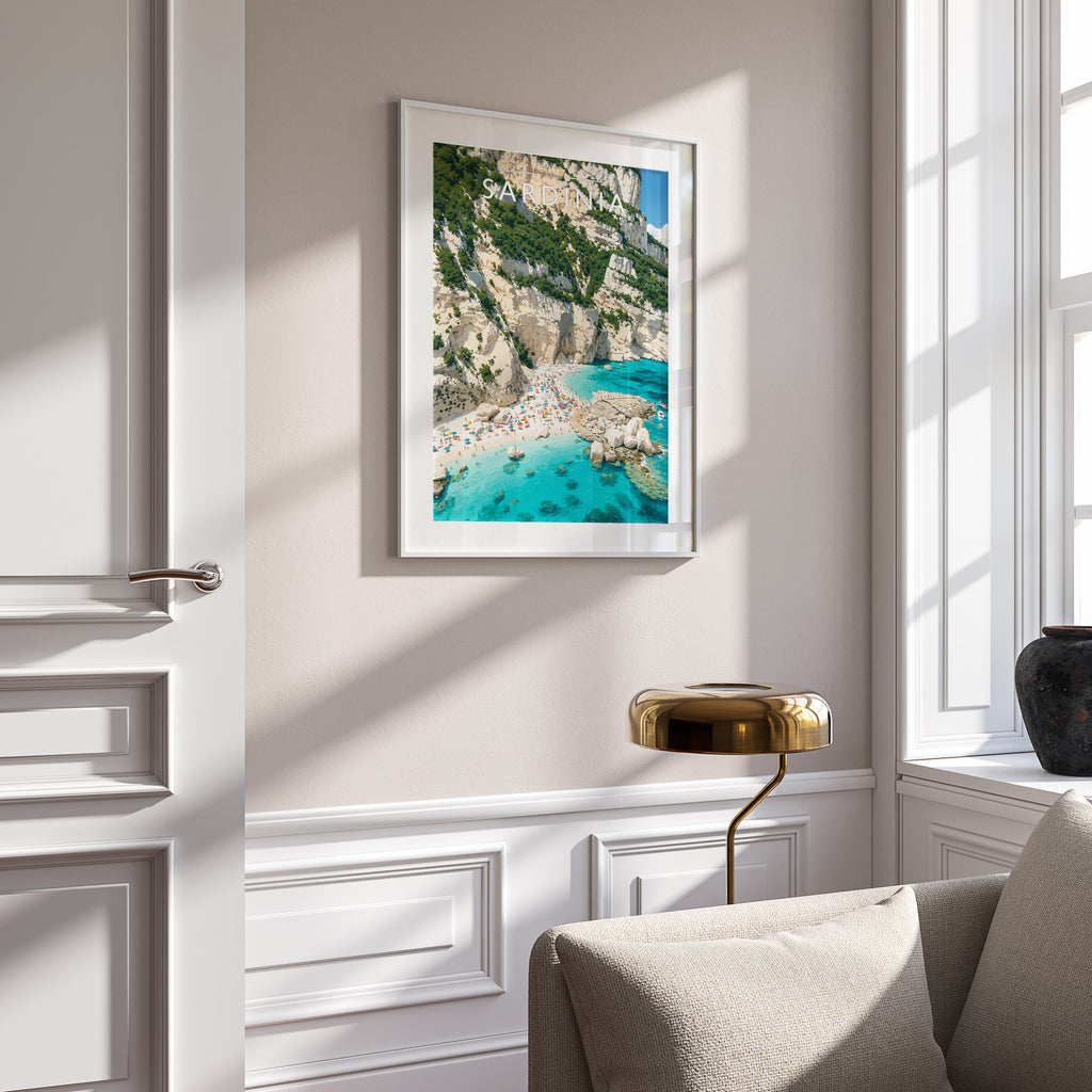 Sardinia #3 Travel Poster in a white frame on a panelled wall