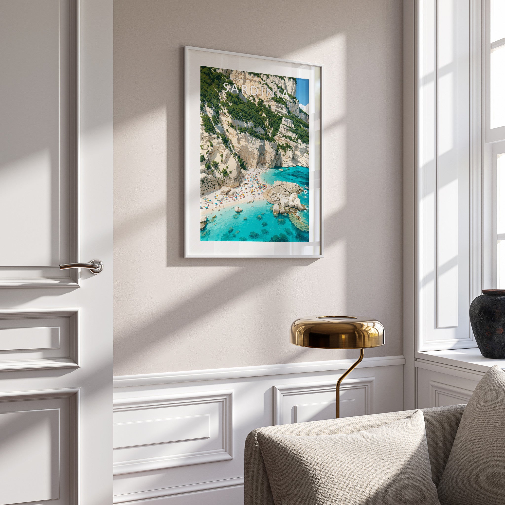 Sardinia #3 Travel Poster in a white frame on a panelled wall